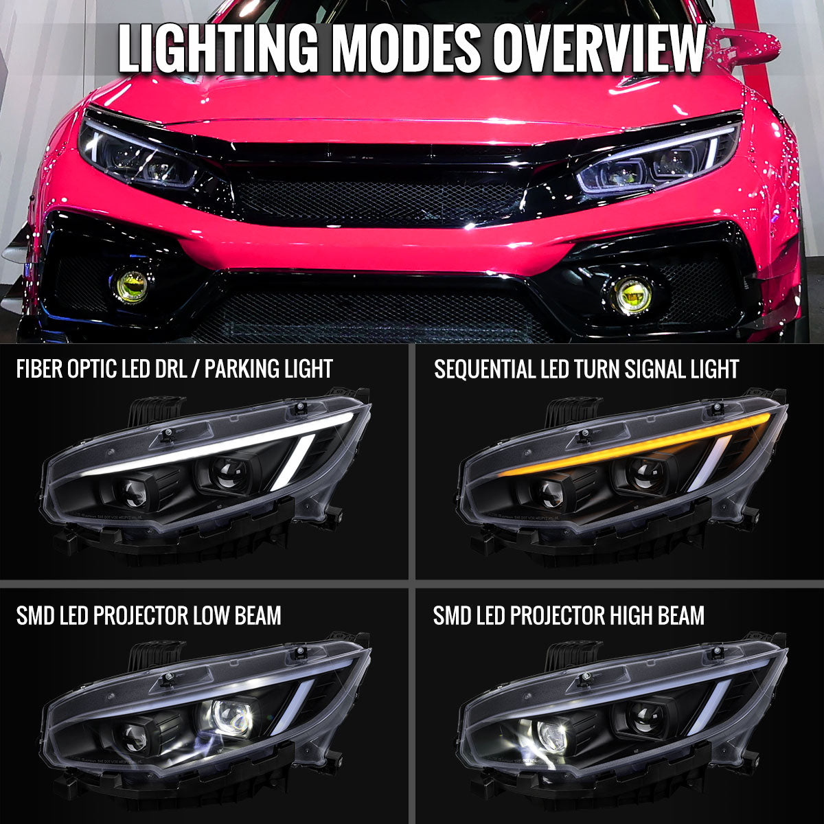2016-2021 Honda Civic Full LED Projector Headlights w/ Switchback LED Sequential Turn Signals DRL Parking Strip (Matte Black Housing / Clear Lens)