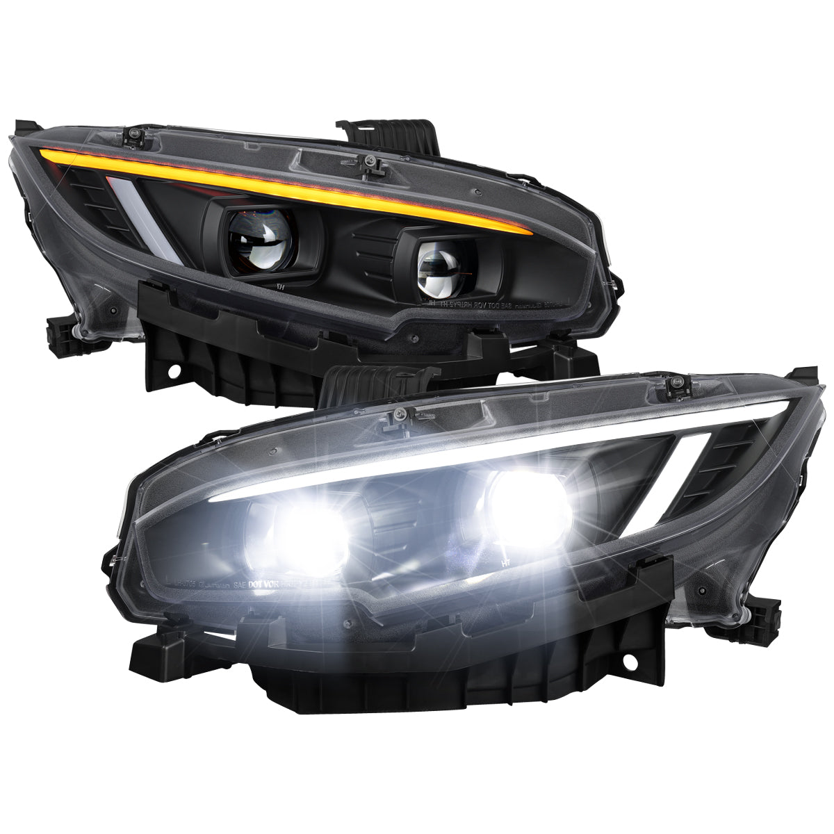 2016-2021 Honda Civic Full LED Projector Headlights w/ Switchback LED Sequential Turn Signals DRL Parking Strip (Matte Black Housing / Clear Lens)