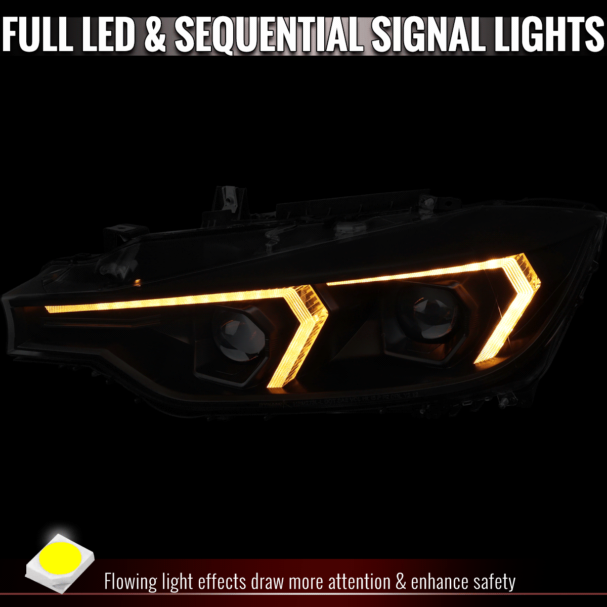 2012-2015 BMW F30 3 Series Full LED Projector Headlights w/ Switchback Sequential Turn Signal (Black Housing / Clear Lens)