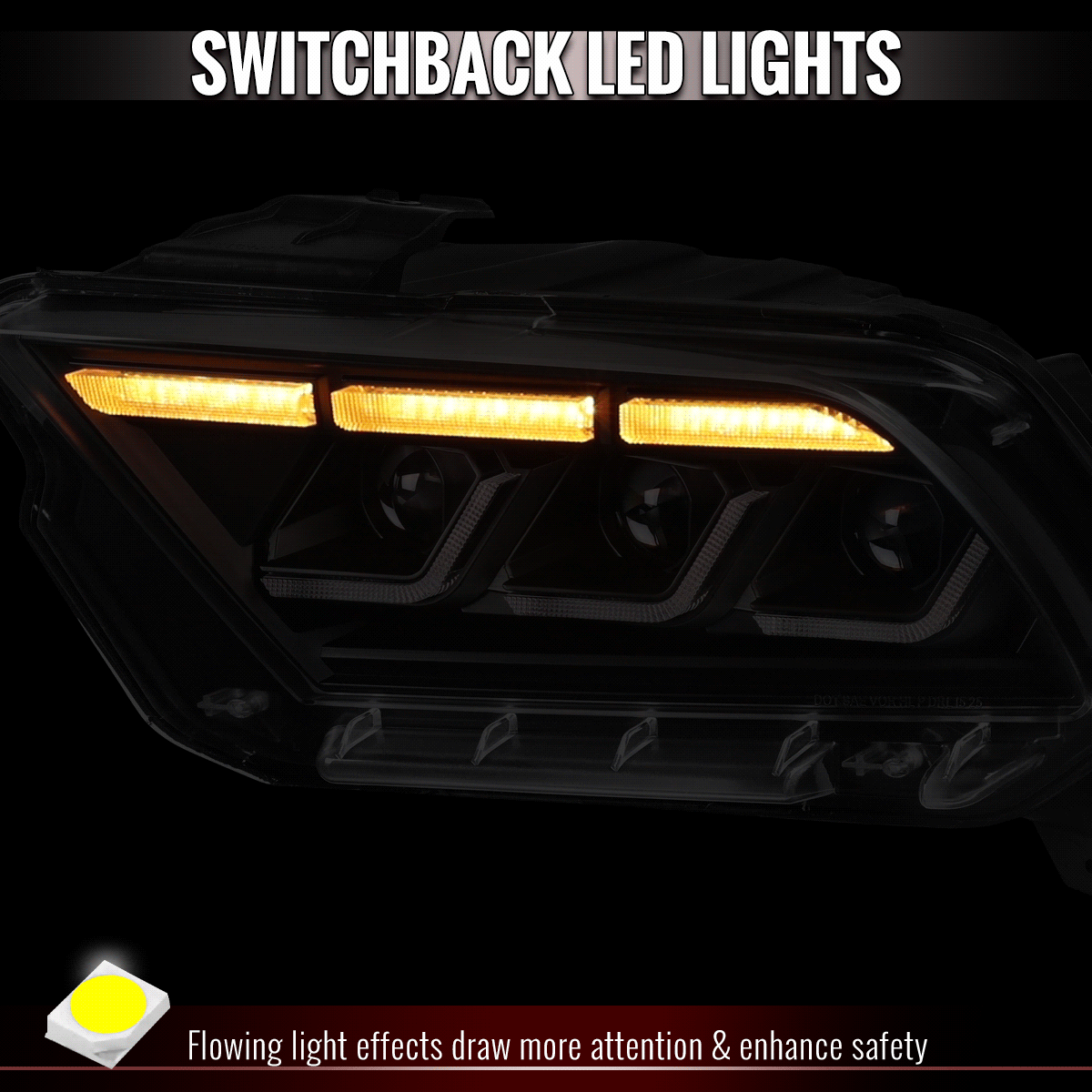 2010-2014 Ford Mustang Full LED Projector Headlights Sequential Turn Signal Switchback DRL (Matte Black Housing / Clear Lens)