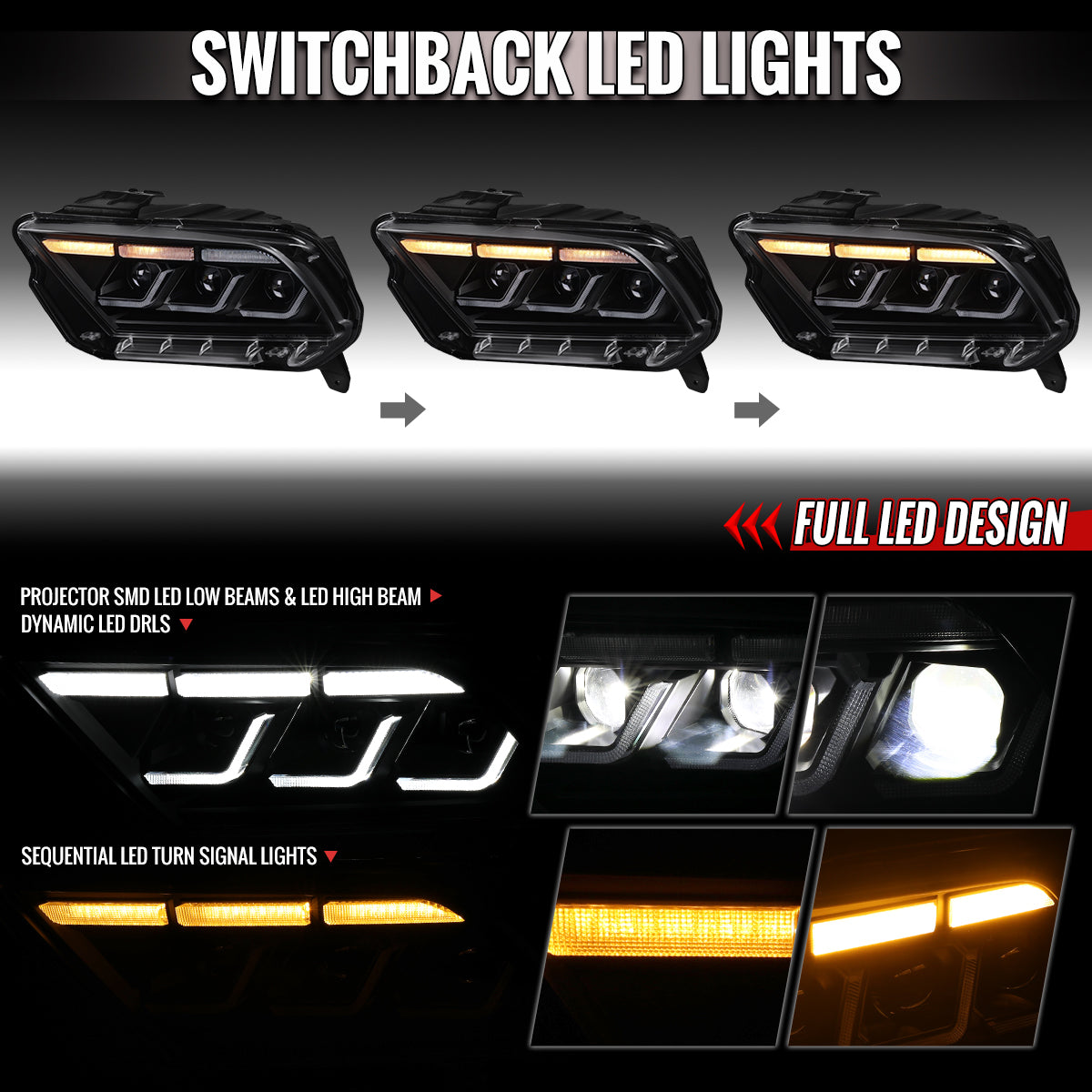 2010-2014 Ford Mustang Full LED Projector Headlights Sequential Turn Signal Switchback DRL (Matte Black Housing / Clear Lens)