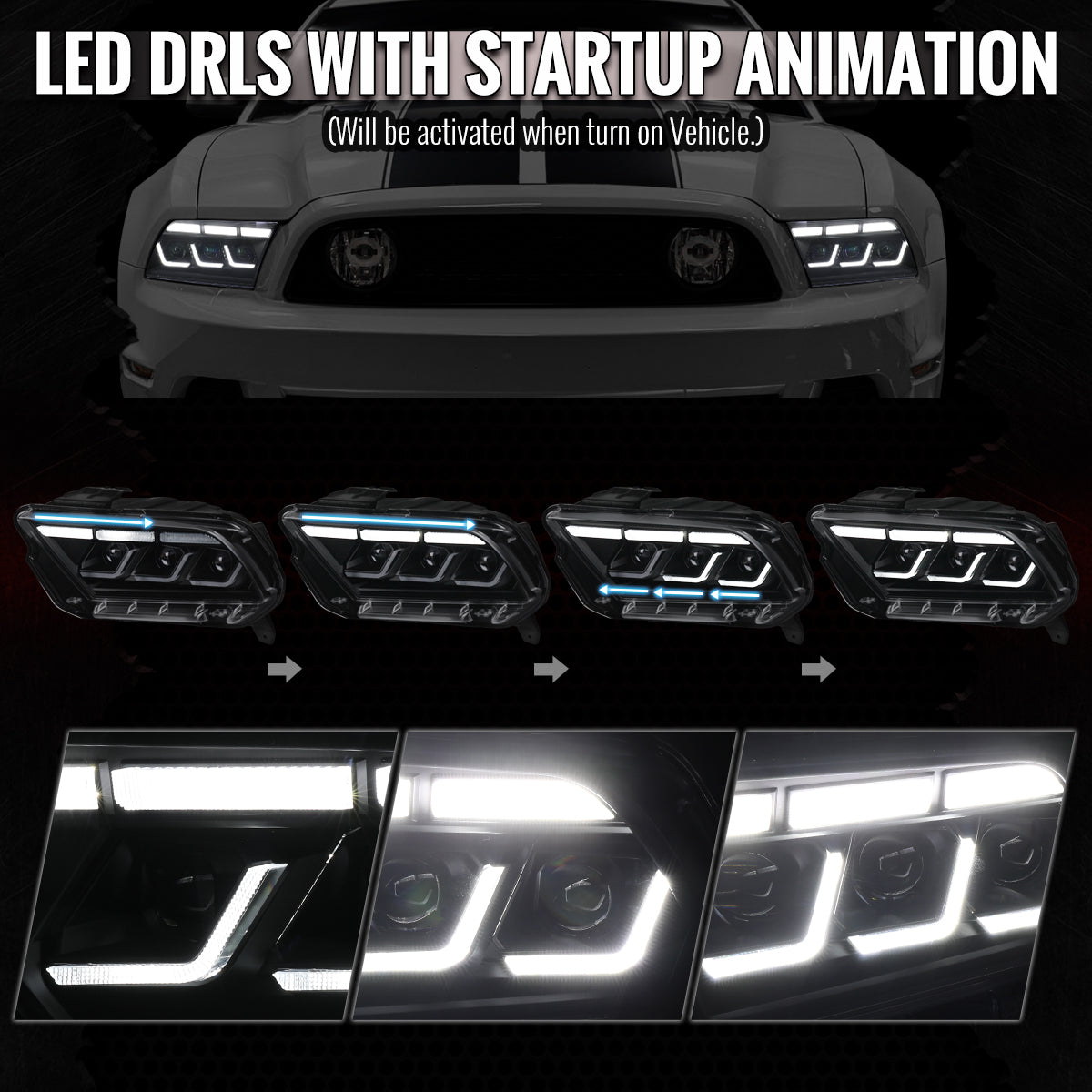 2010-2014 Ford Mustang Full LED Projector Headlights Sequential Turn Signal Switchback DRL (Matte Black Housing / Clear Lens)