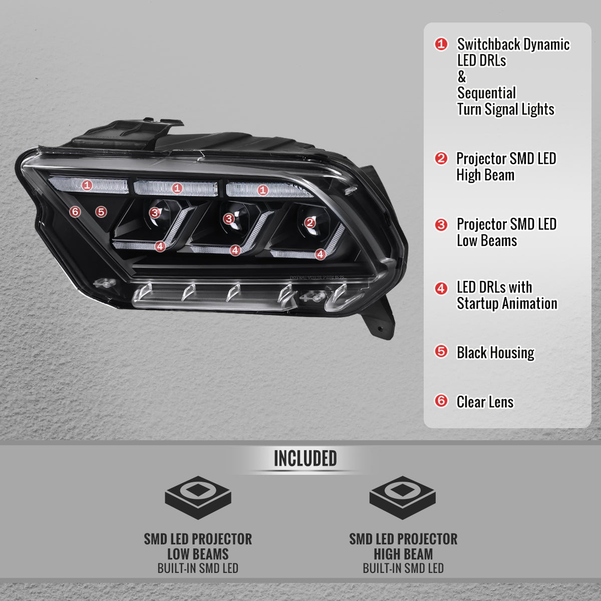 2010-2014 Ford Mustang Full LED Projector Headlights Sequential Turn Signal Switchback DRL (Matte Black Housing / Clear Lens)