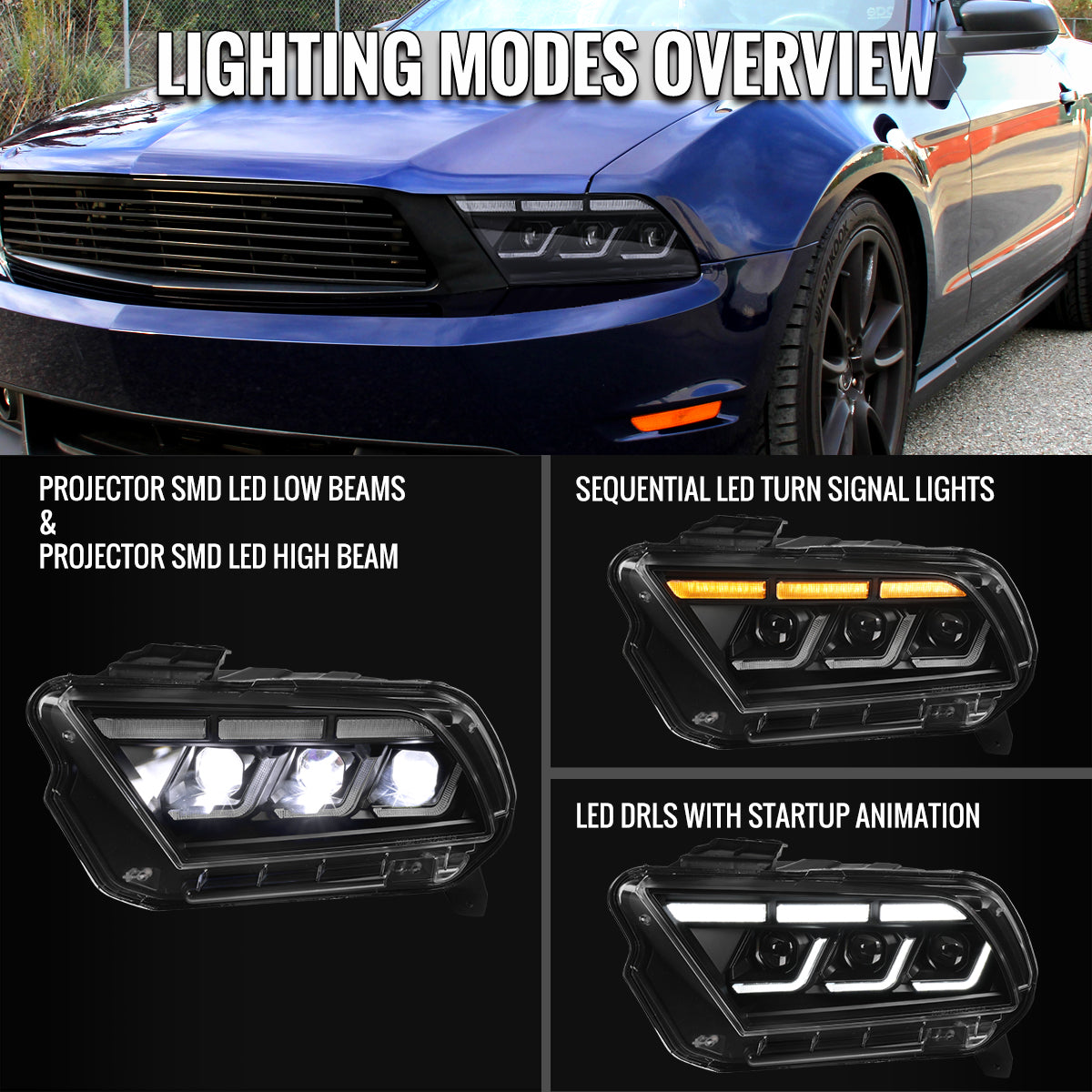2010-2014 Ford Mustang Full LED Projector Headlights Sequential Turn Signal Switchback DRL (Matte Black Housing / Clear Lens)