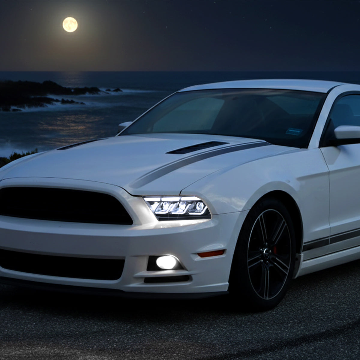2010-2014 Ford Mustang Full LED Projector Headlights Sequential Turn Signal Switchback DRL (Matte Black Housing / Clear Lens)