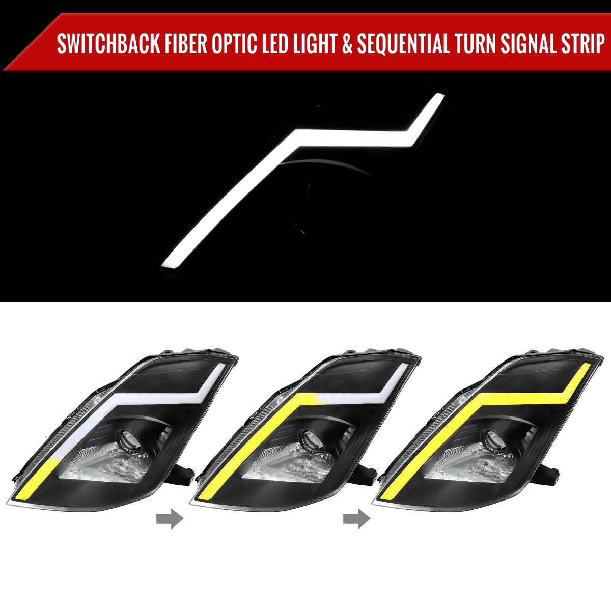 2003-2005 Nissan 350Z Switchback Sequential Turn Signal Animated LED Bar Projector Headlights (Matte Black Housing/Clear Lens)