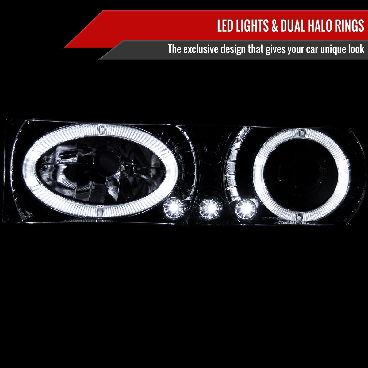 1988-1999 Chevrolet C/K C10/Blazer/Tahoe/Yukon/Sierra/Silverado Dual Halo Projector Headlights (Chrome Housing/Clear Lens)