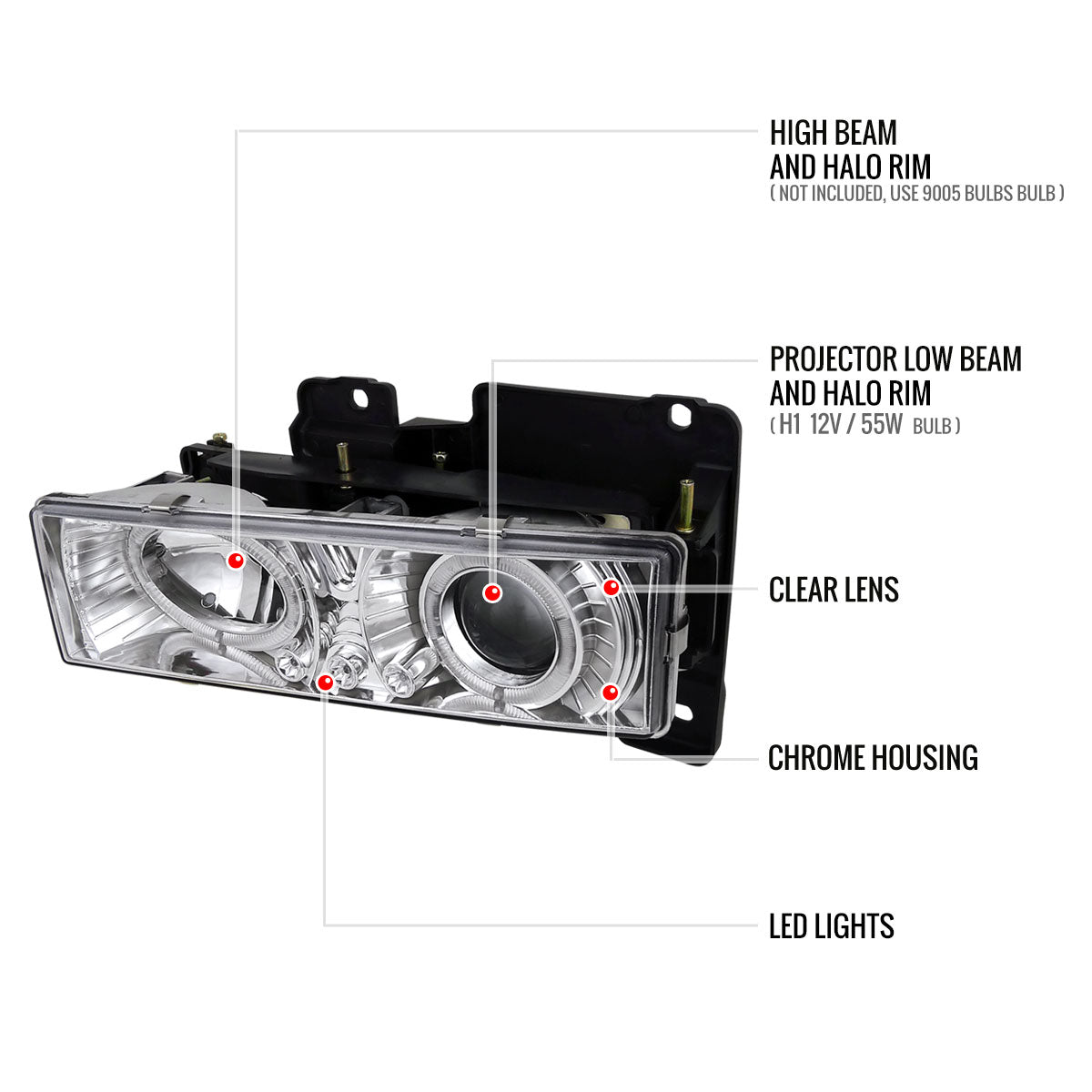 1988-1999 Chevrolet C/K C10/Blazer/Tahoe/Yukon/Sierra/Silverado Dual Halo Projector Headlights (Chrome Housing/Clear Lens)