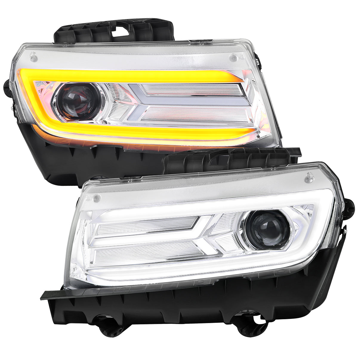 2014-2015 Chevrolet Camaro LED Strip Projector Headlights w/ Sequential Turn Signal Lights (Chrome Housing/Clear Lens)