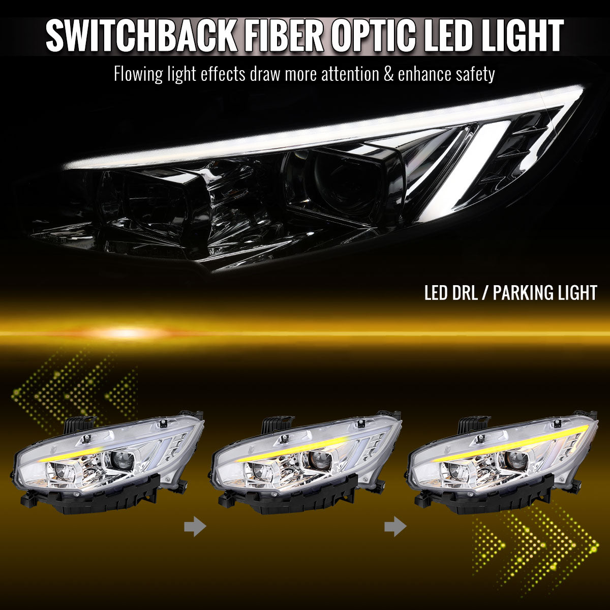 2016-2021 Honda Civic Projector Headlights w/ Switchback LED Sequential Turn Signals DRL Parking Light Strip (Chrome Housing / Clear Lens)