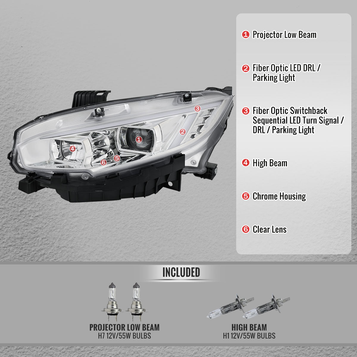 2016-2021 Honda Civic Projector Headlights w/ Switchback LED Sequential Turn Signals DRL Parking Light Strip (Chrome Housing / Clear Lens)
