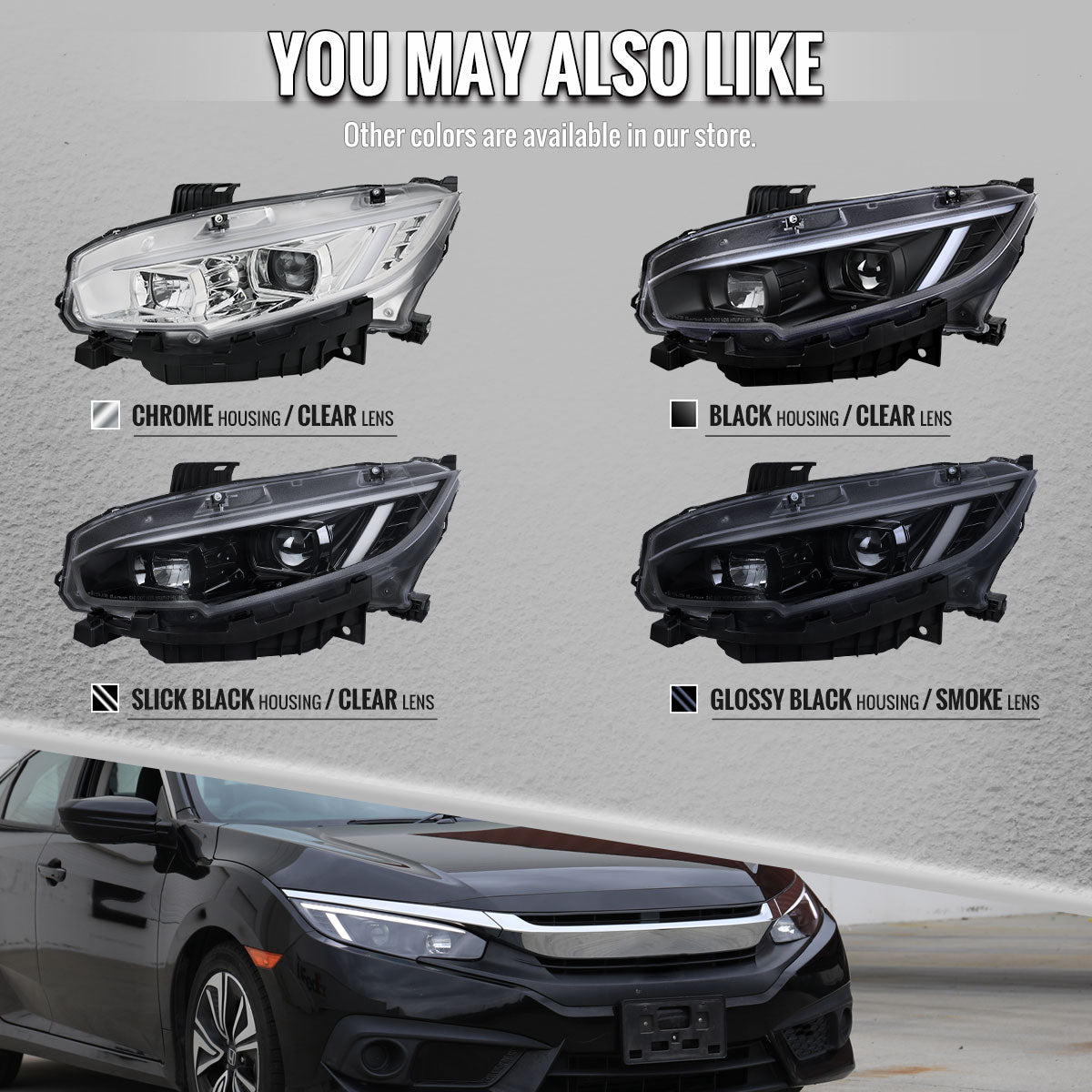 2016-2021 Honda Civic Projector Headlights w/ Switchback LED Sequential Turn Signals DRL Parking Light Strip (Chrome Housing / Clear Lens)