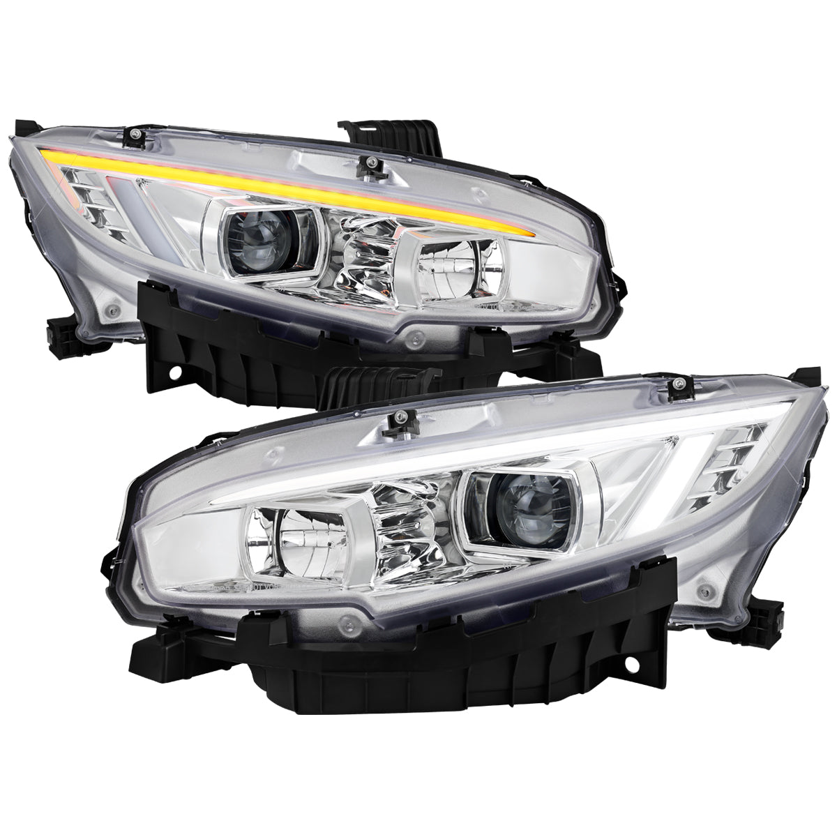 2016-2021 Honda Civic Projector Headlights w/ Switchback LED Sequential Turn Signals DRL Parking Light Strip (Chrome Housing / Clear Lens)