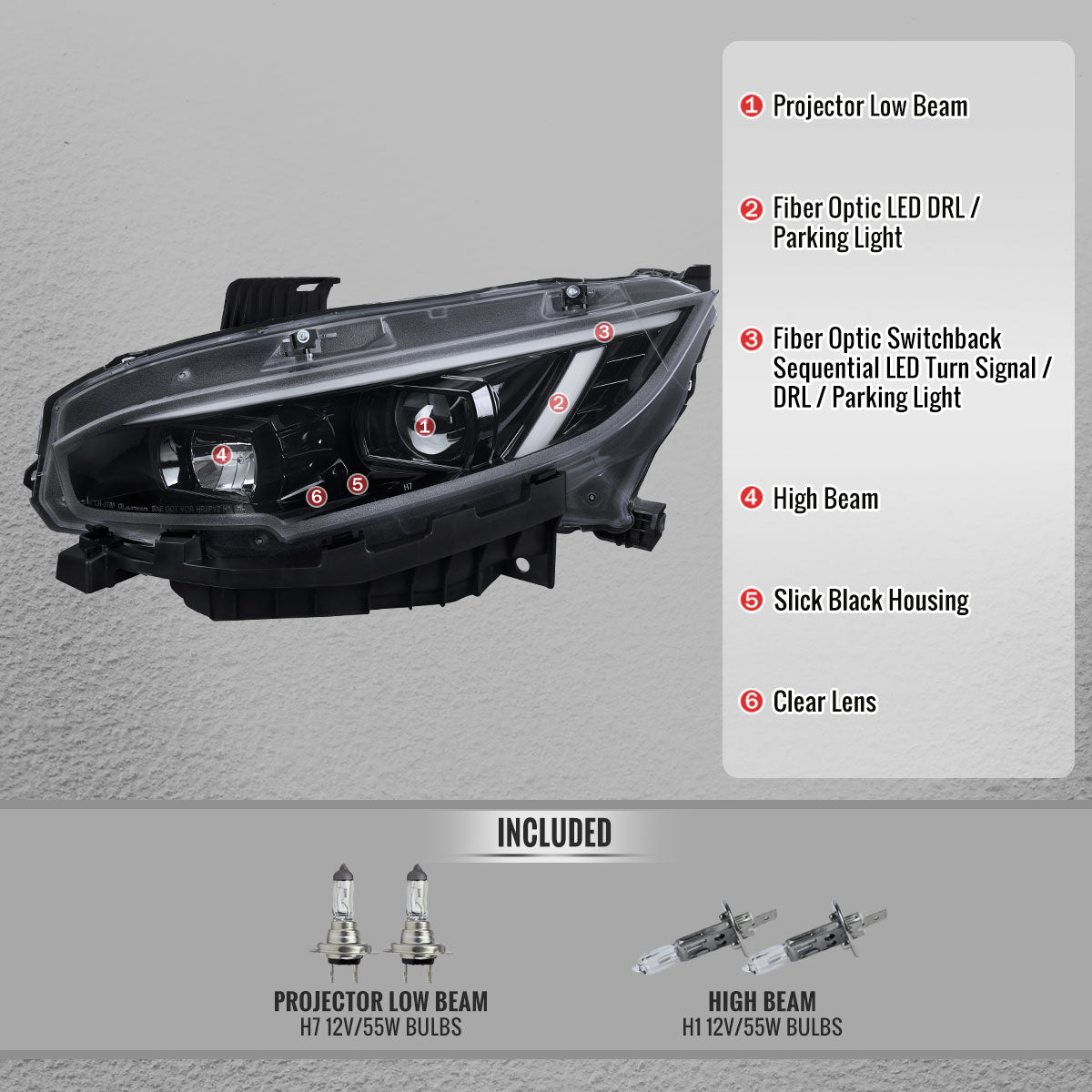 2016-2021 Honda Civic Projector Headlights w/ Switchback LED Sequential Turn Signals DRL Parking Light Strip (Jet Black Housing / Clear Lens)