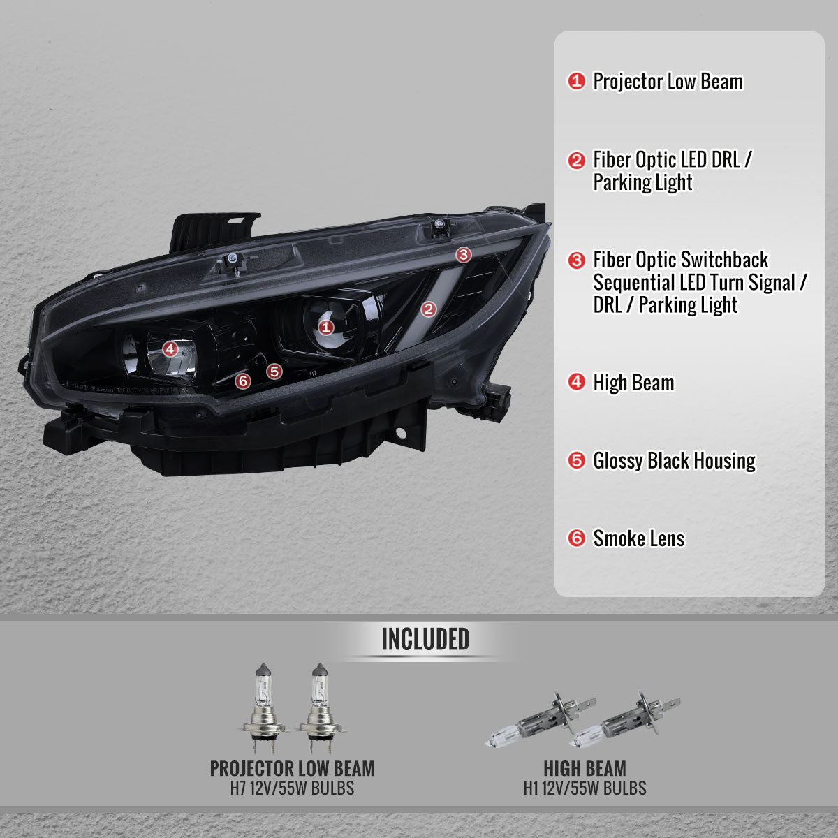 2016-2021 Honda Civic Projector Headlights w/ Switchback LED Sequential Turn Signals DRL Parking Light Strip (Glossy Black Housing / Smoked Lens)