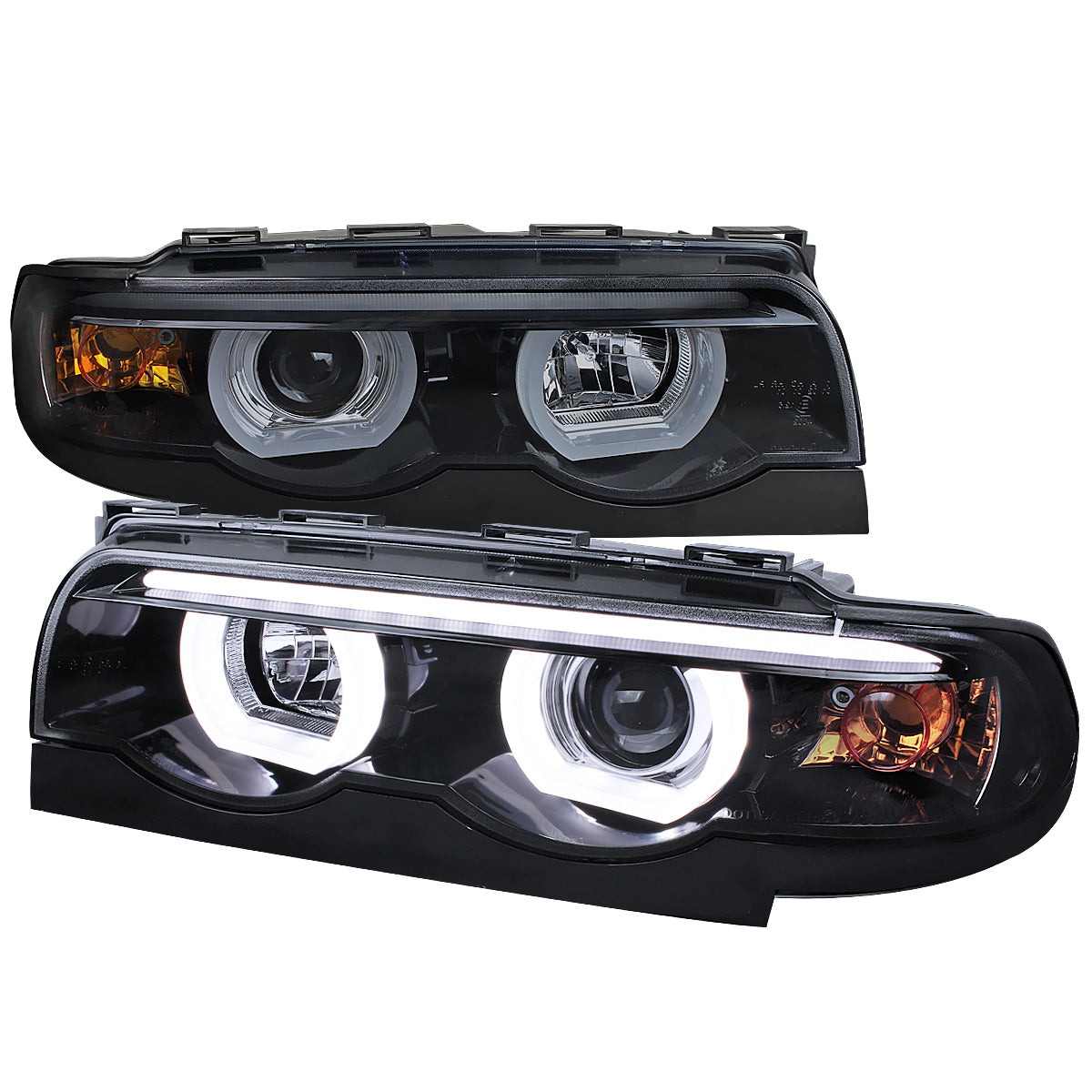 1995-2001 BMW E38 7 Series LED Bar Dual Halo Projector Headlights (Glossy Black Housing/Smoked Lens)