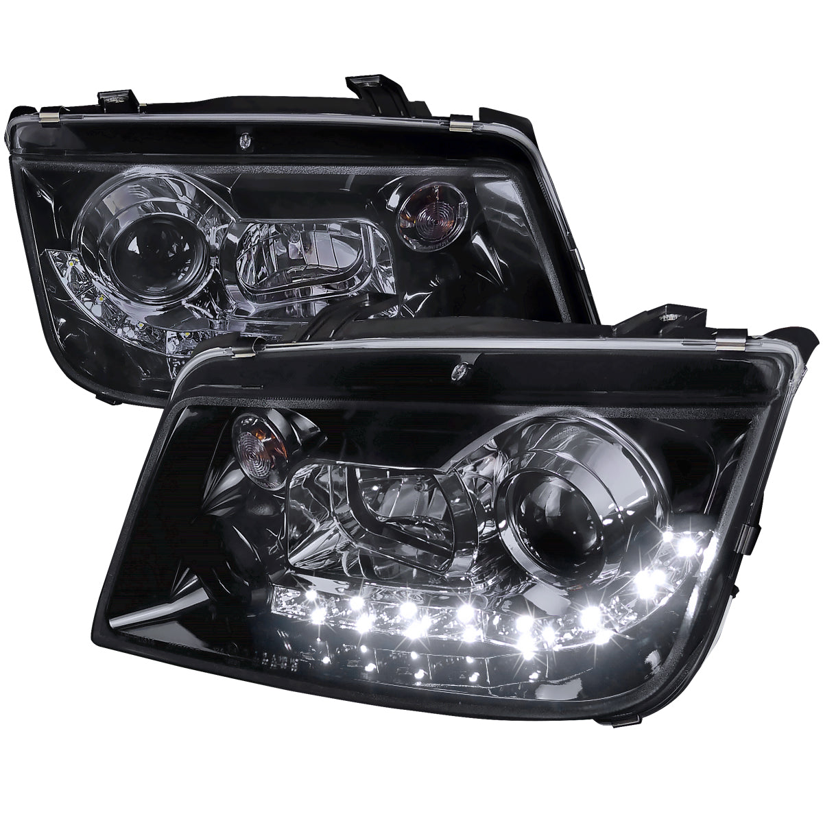 1999-2004 Volkswagen Jetta/Bora Projector Headlights w/ R8 Style LED Light Strip (Glossy Black Housing/Smoked Lens)