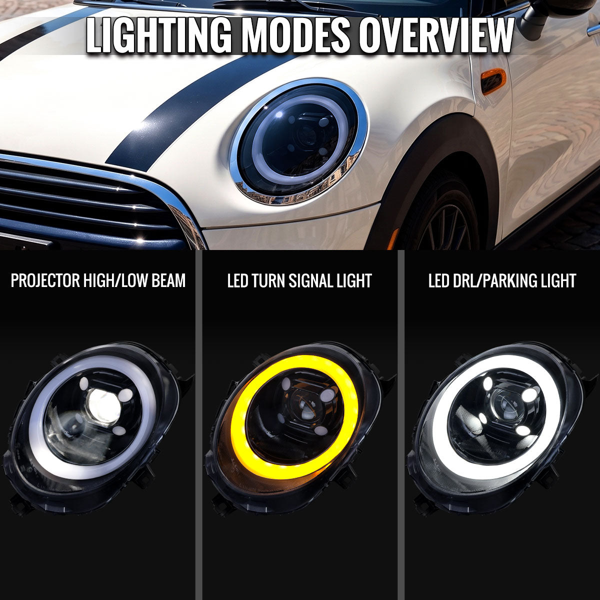 2014-2021 Mini Cooper F55 F56 F57 Projector Headlights Swithback LED DRL (Glossy Black Housing / Smoked Lens)