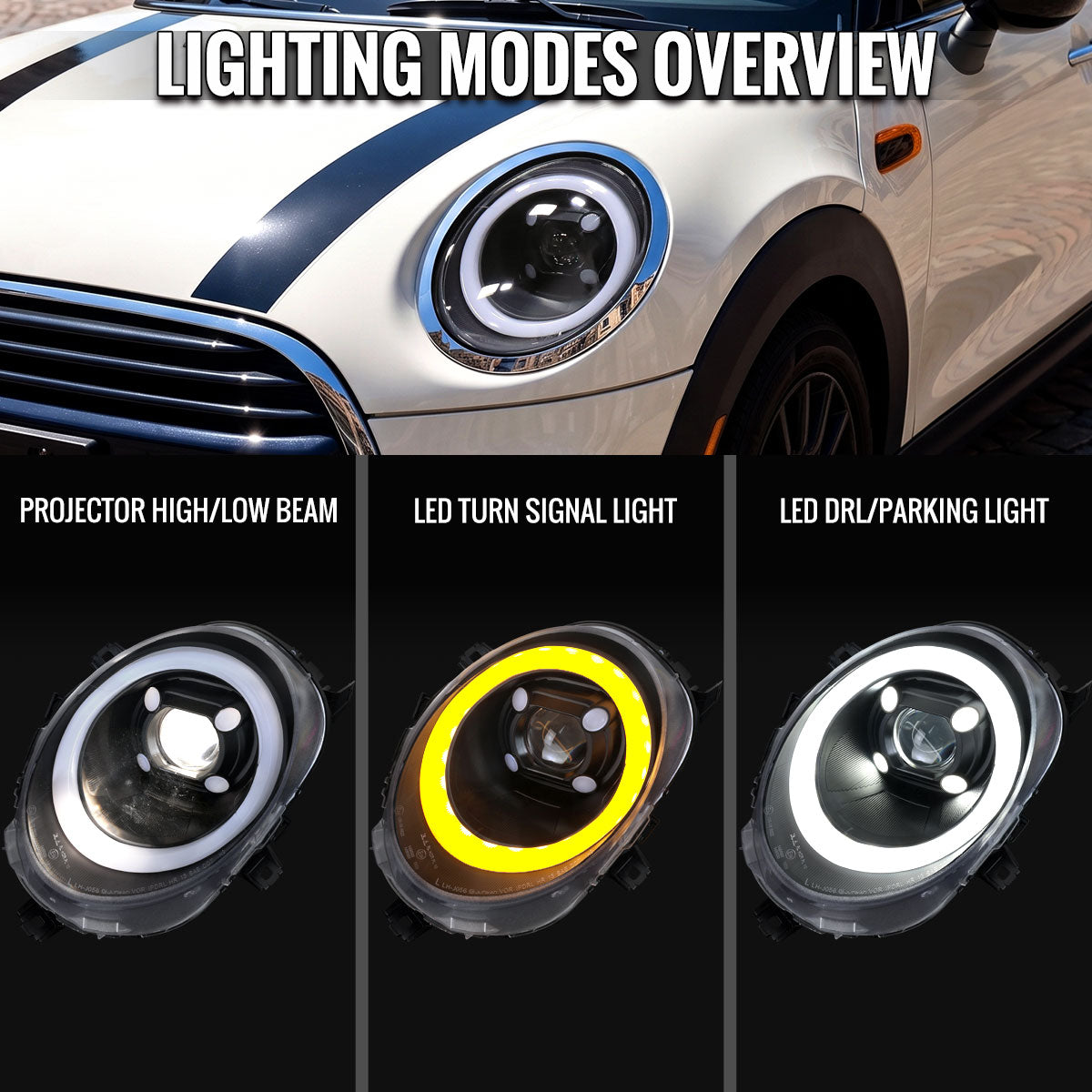 2014-2021 Mini Cooper F55 F56 F57 Projector Headlights Swithback LED DRL (Matte Black Housing / Clear Lens)