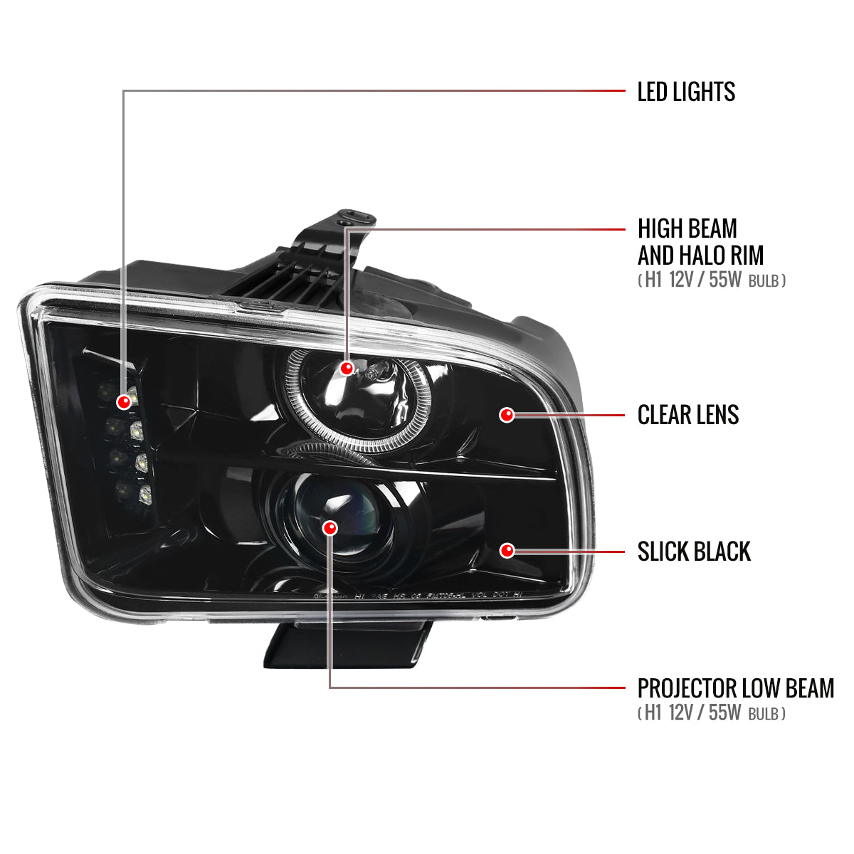 2005-2009 Ford Mustang Halo Projector Headlights (Jet Black Housing/Clear Lens)
