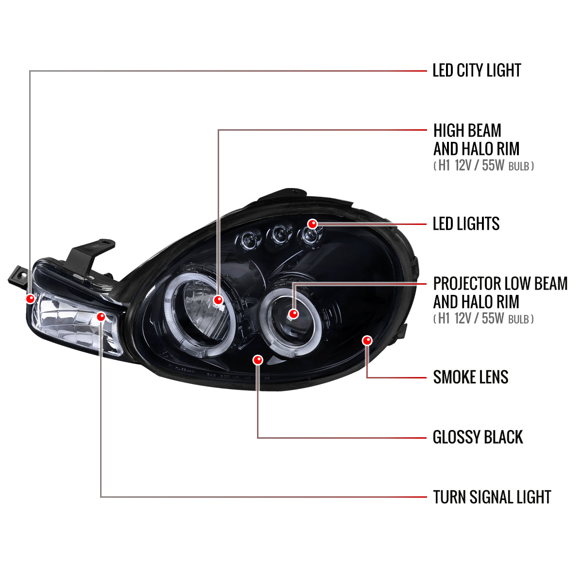 2000-2002 Dodge Plymouth Neon Dual Halo Projector Headlights (Glossy Black Housing/Smoked Lens)
