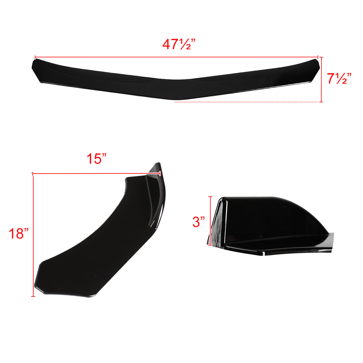 Universal Glossy Black Polypropylene 3PC Bumper Lip