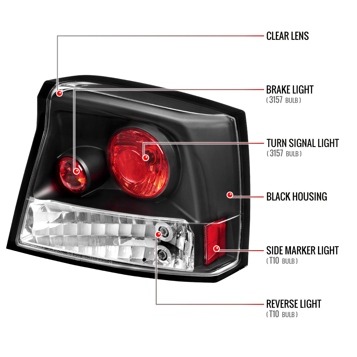 2005-2010 Dodge Charger Tail Lights (Matte Black Housing/Clear Lens)