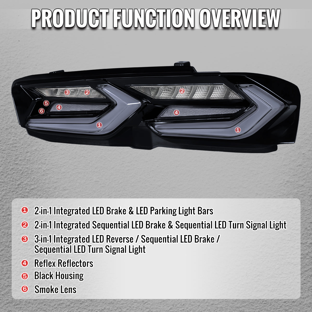 2019-2024 Chevrolet Camaro Sequential LED Turn Signal C8-Style Tail Lights (Black Housing / Smoked Lens)