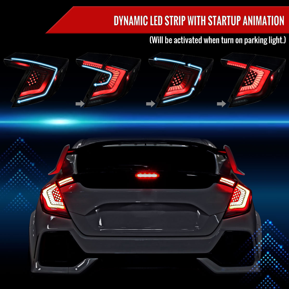 2017-2021 Honda Civic Hatchback LED Sequential Signal Tail Lights (Black Housing/Smoked Lens)