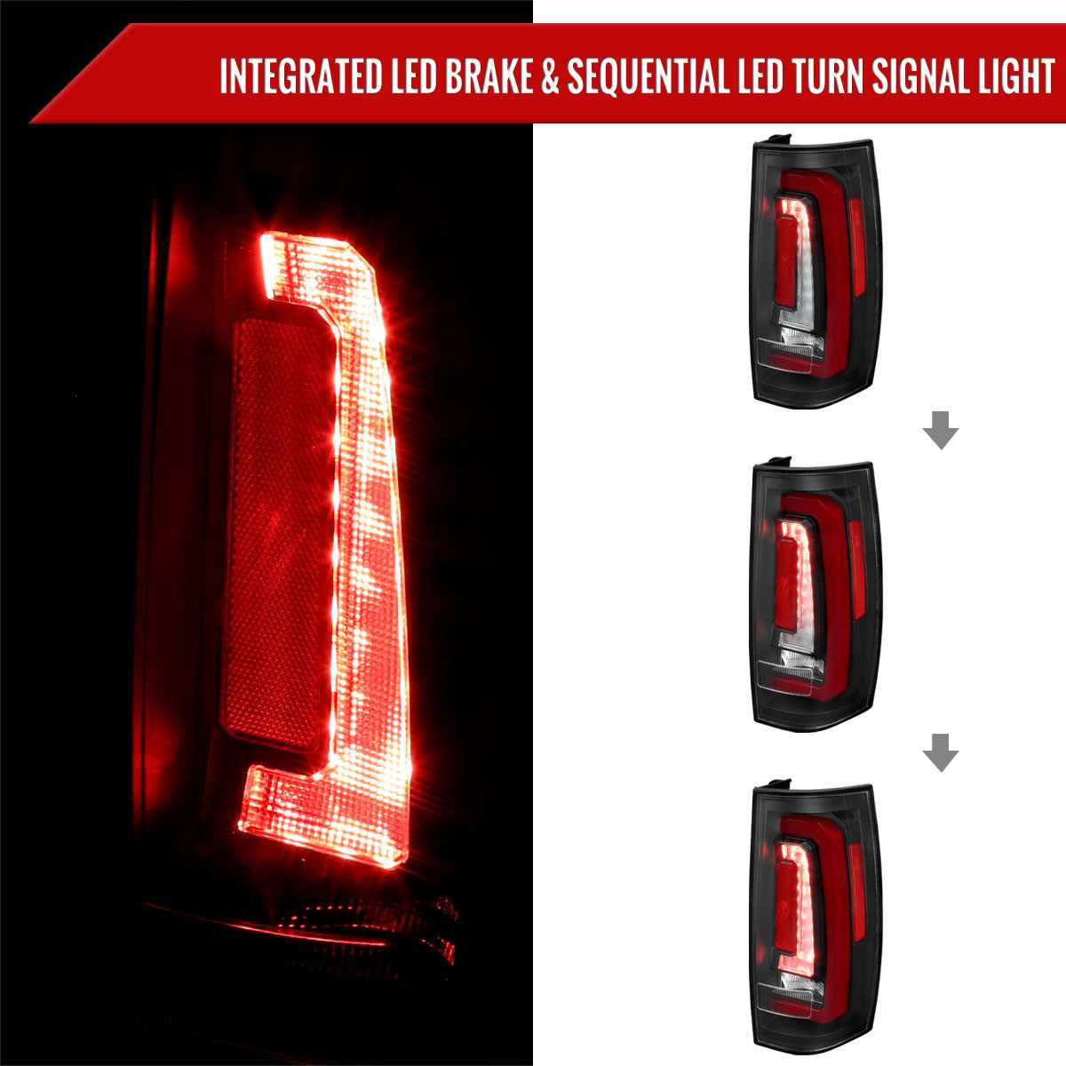 2007-2014 Chevrolet Tahoe/Suburban / 2007-2014 GMC Yukon/Yukon Denali Red LED Sequential Turn Signal Tail Lights (Matte Black Housing/Clear Lens)