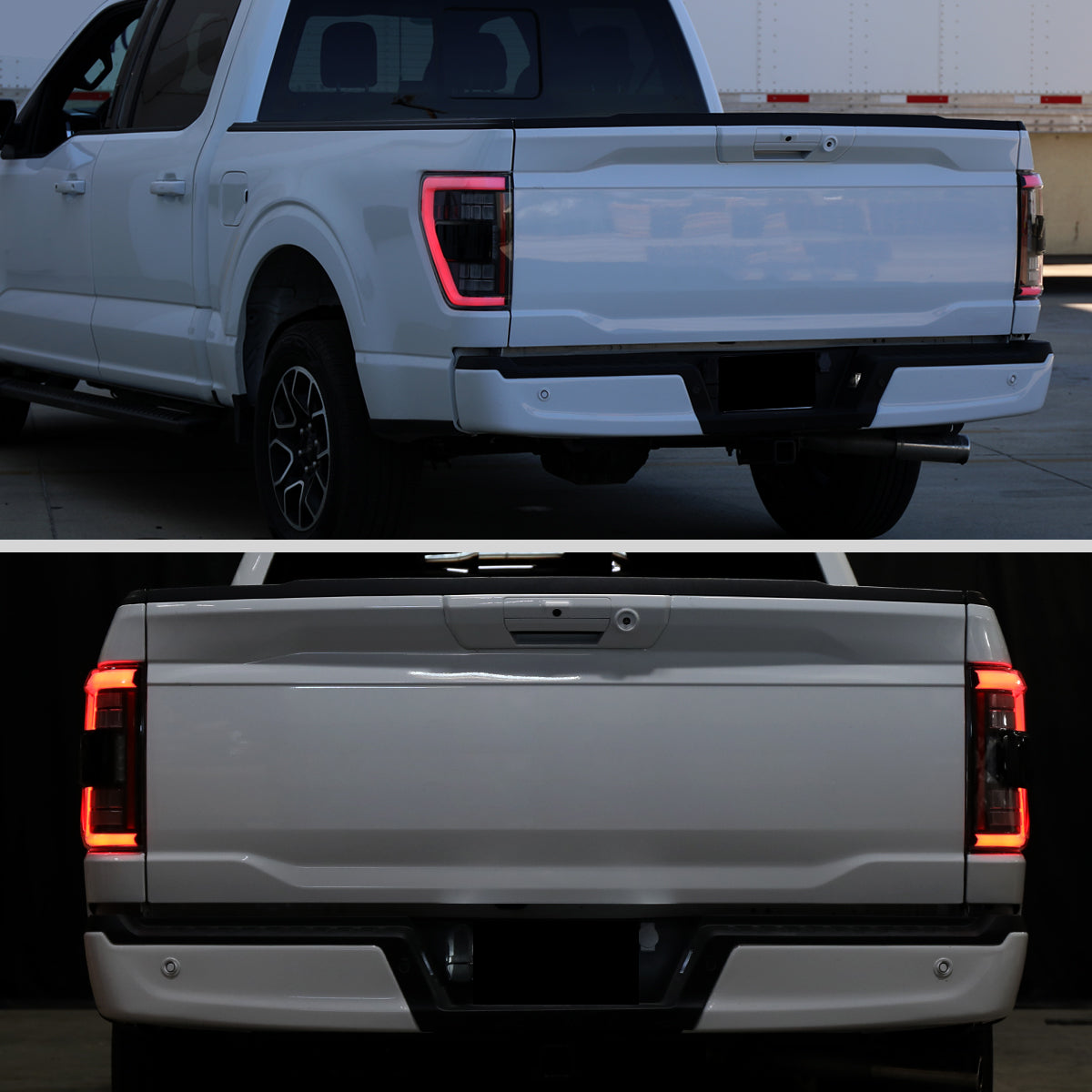 2021-2023 Ford F-150 Full LED Tail Lights with White Light Bar Sequential Turn Signal, Startup Animation & Factory BSM Compatibility (Black Housing / Smoked Lens)