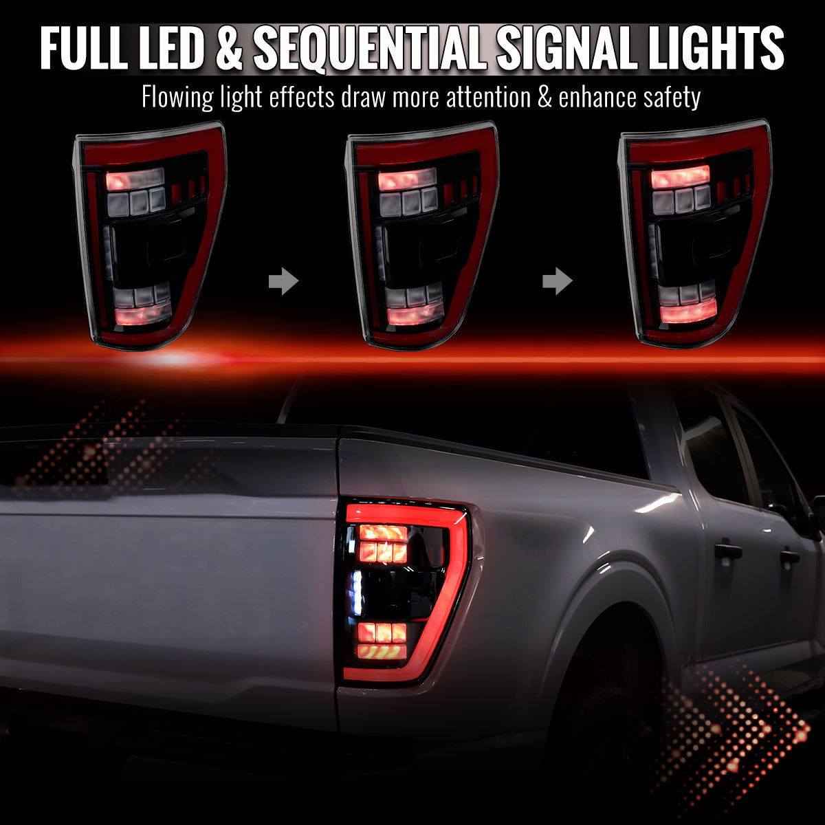 2021-2023 Ford F-150 Full LED Tail Lights with Red Light Bar Sequential Turn Signal, Startup Animation & Factory BSM Compatibility (Glossy Black Housing / Clear Lens)