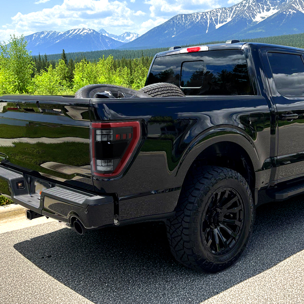 2021-2023 Ford F-150 Full LED Tail Lights with Red Light Bar Sequential Turn Signal, Startup Animation & Factory BSM Compatibility (Glossy Black Housing / Clear Lens)