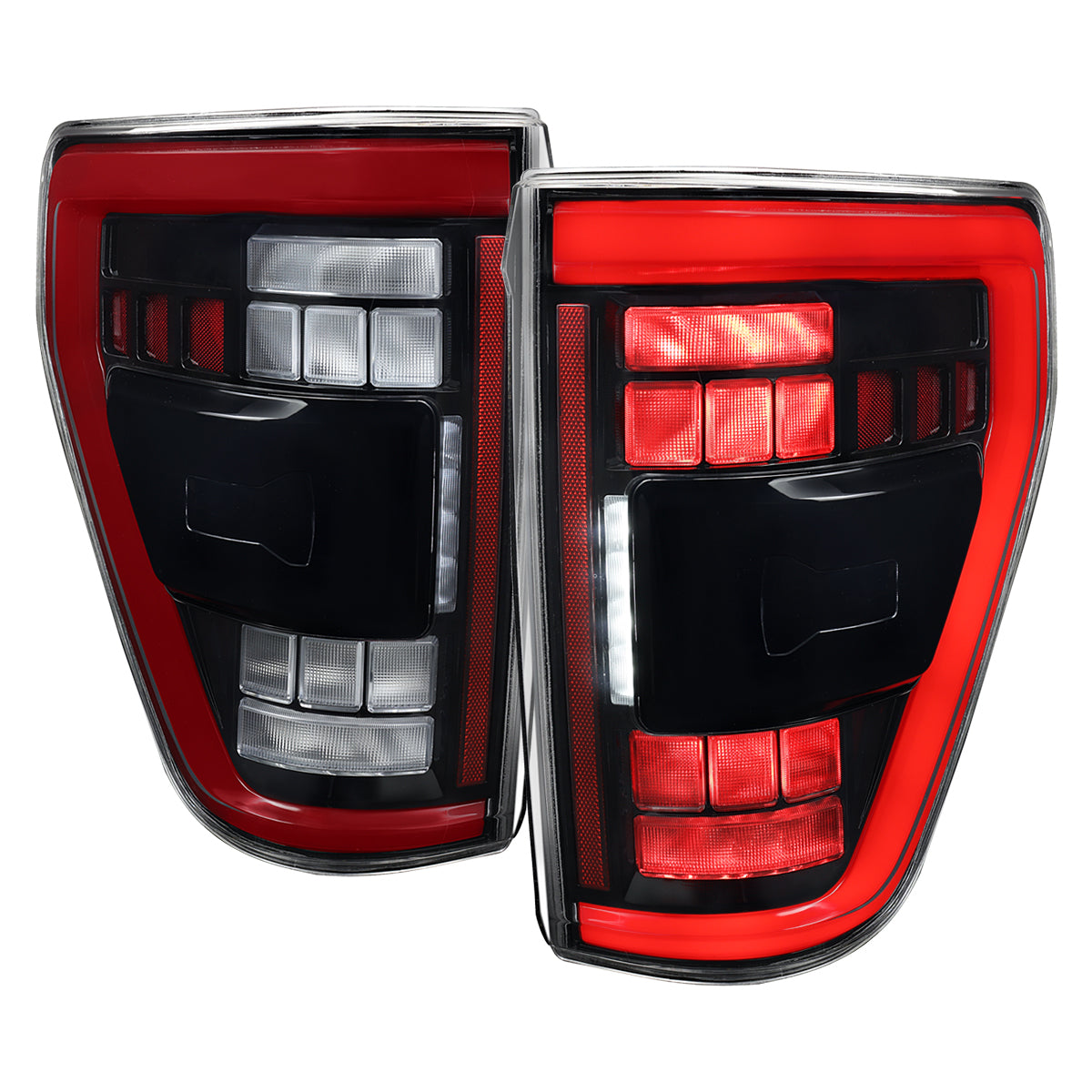2021-2023 Ford F-150 Full LED Tail Lights with Red Light Bar Sequential Turn Signal, Startup Animation & Factory BSM Compatibility (Glossy Black Housing / Clear Lens)