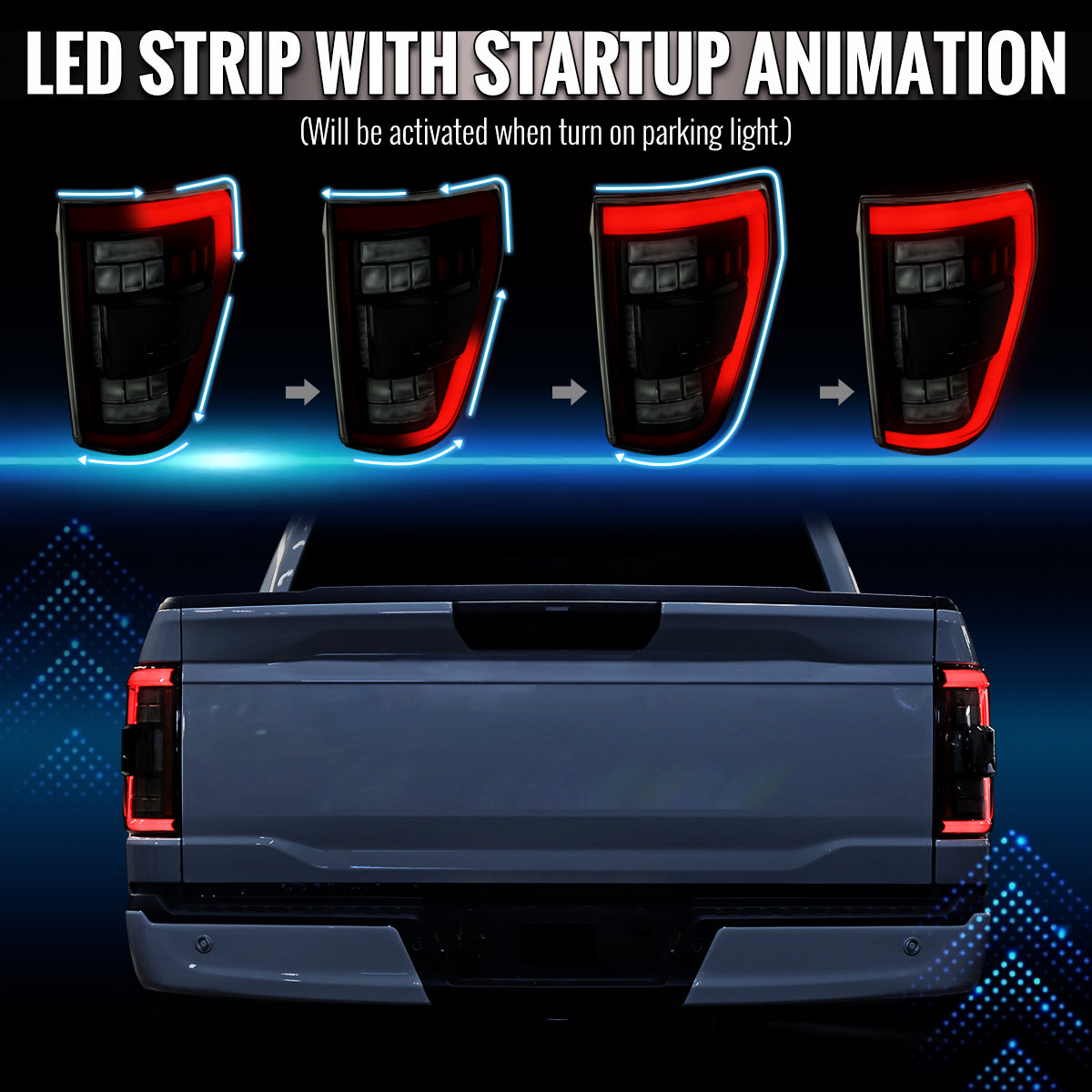 2021-2023 Ford F-150 Full LED Tail Lights with Red Light Bar Sequential Turn Signal, Startup Animation & Factory BSM Compatibility (Black Housing / Smoked Lens)