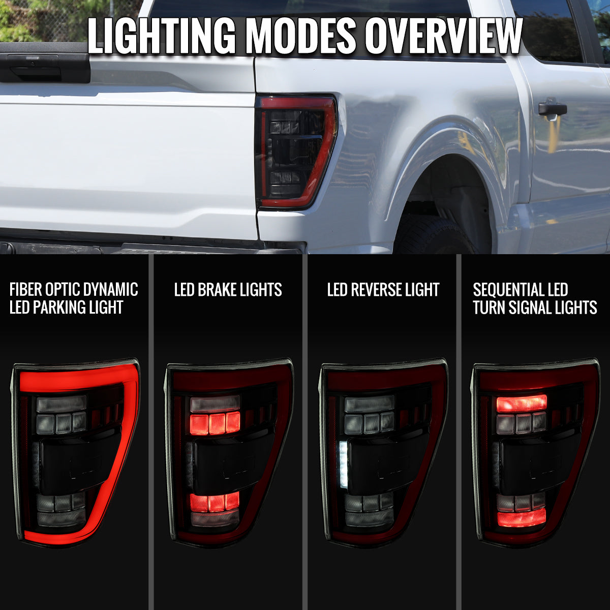 2021-2023 Ford F-150 Full LED Tail Lights with Red Light Bar Sequential Turn Signal, Startup Animation & Factory BSM Compatibility (Black Housing / Smoked Lens)