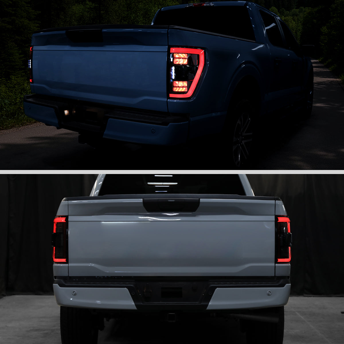 2021-2023 Ford F-150 Full LED Tail Lights with Red Light Bar Sequential Turn Signal, Startup Animation & Factory BSM Compatibility (Black Housing / Smoked Lens)