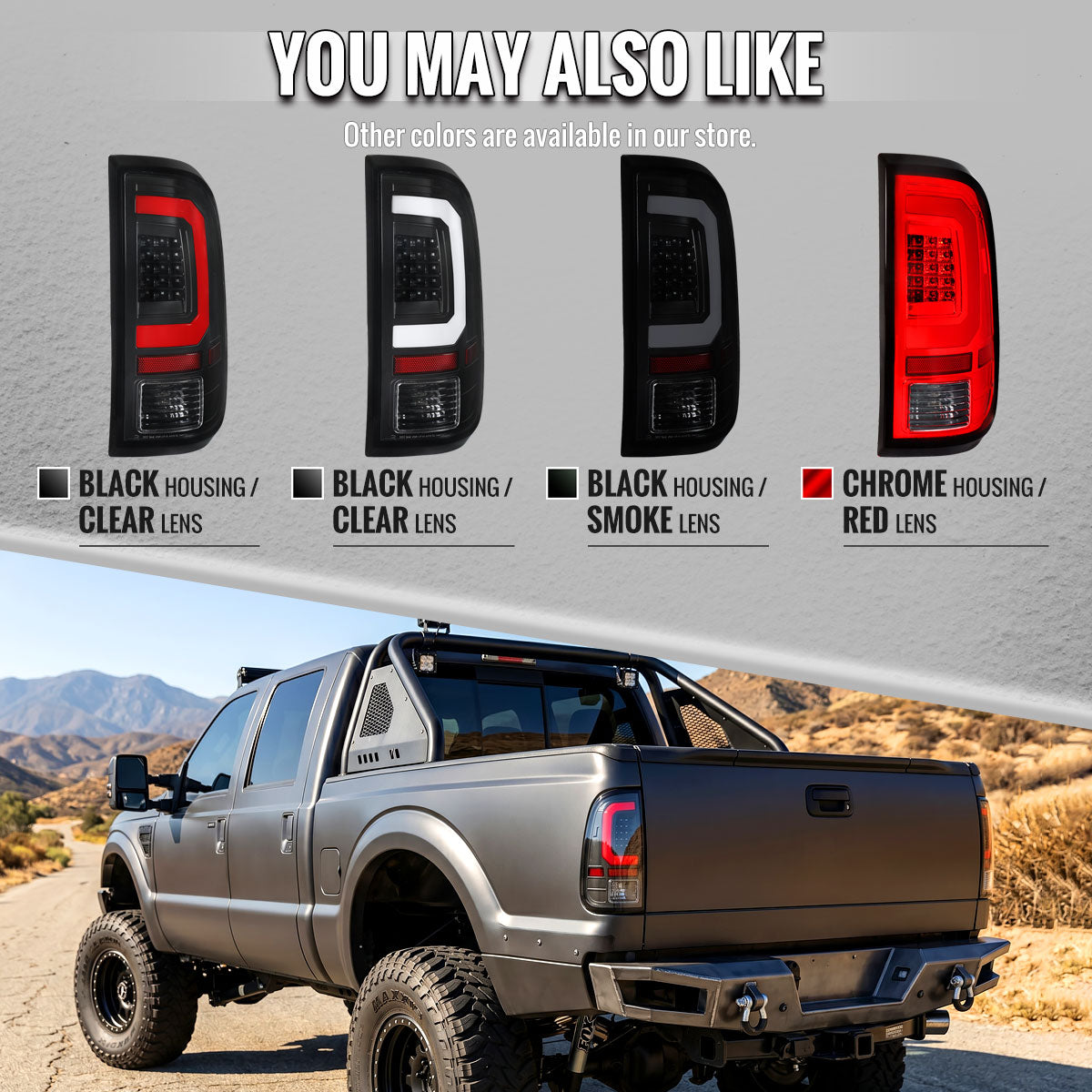2008-2016 Ford F-250 / F-350 / F-450 / F-550 Super Duty LED C-Bar Tail Lights (Black Housing / Smoked Lens)