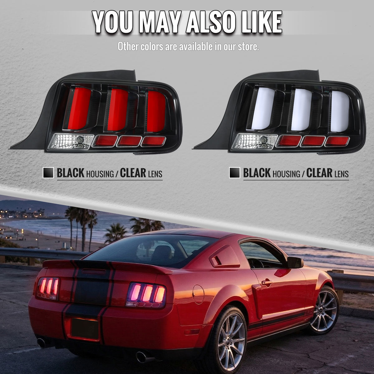 2005-2009 Ford Mustang LED Tail Brake Signal Lights (Black Housing / Clear Lens / Red Bars)