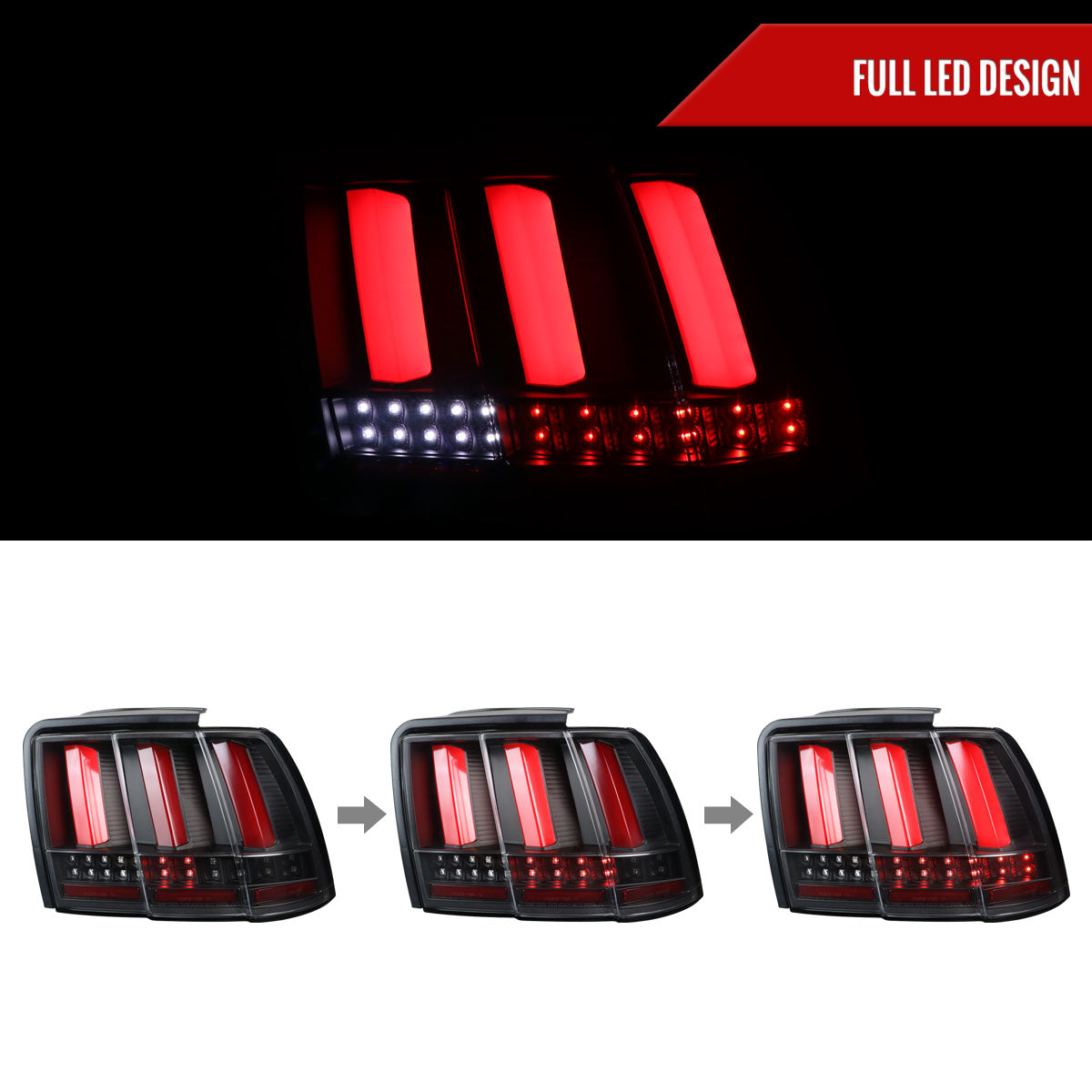 1999-2004 Ford Mustang Sequential LED Tail Lights (Black Housing/Clear Lens)