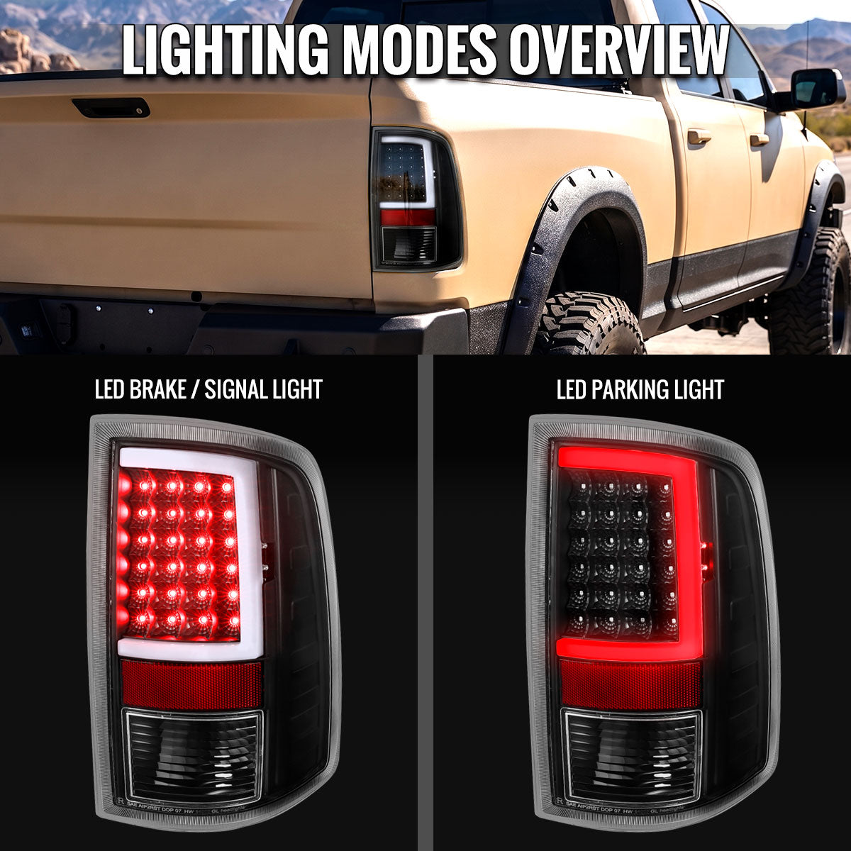 2009-2018 Dodge RAM 1500 / 2019-2021 RAM Classic / 2010-2018 RAM 2500 3500 Full LED C-Bar Tail Lights (Black Housing / Clear Lens)