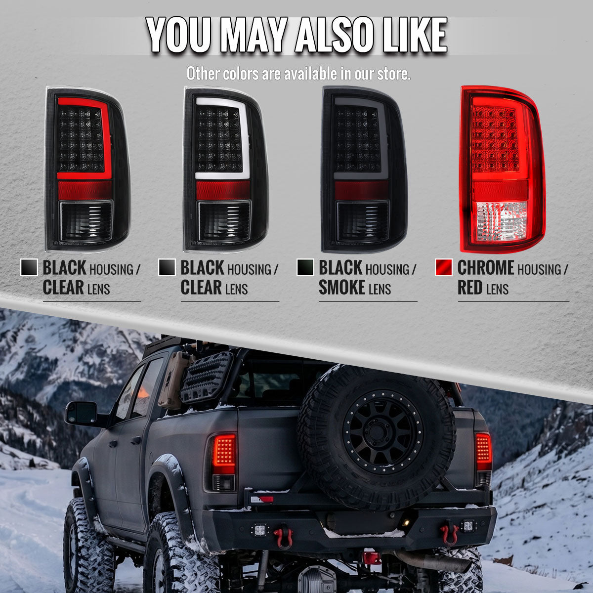 2009-2018 Dodge RAM 1500 / 2019-2021 RAM Classic / 2010-2018 RAM 2500 3500 Full LED C-Bar Tail Lights (Chrome Housing / Red Clear Lens)