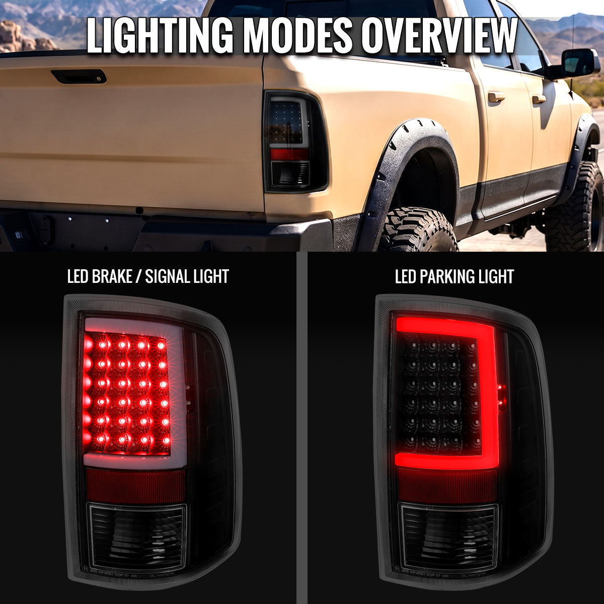 2009-2018 Dodge RAM 1500 / 2019-2021 RAM Classic / 2010-2018 RAM 2500 3500 Full LED C-Bar Tail Lights (Black Housing / Smoked Lens)