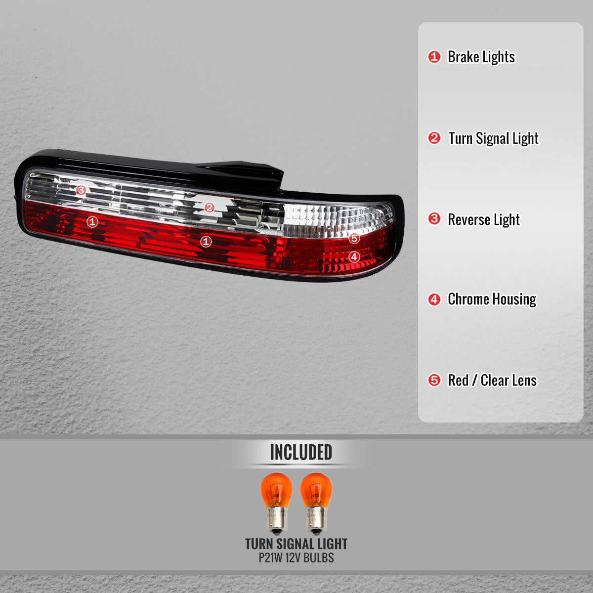 1989-1994 Nissan 240SX S13 Coupe Tail Lights (Chrome Housing/Red Clear Lens)