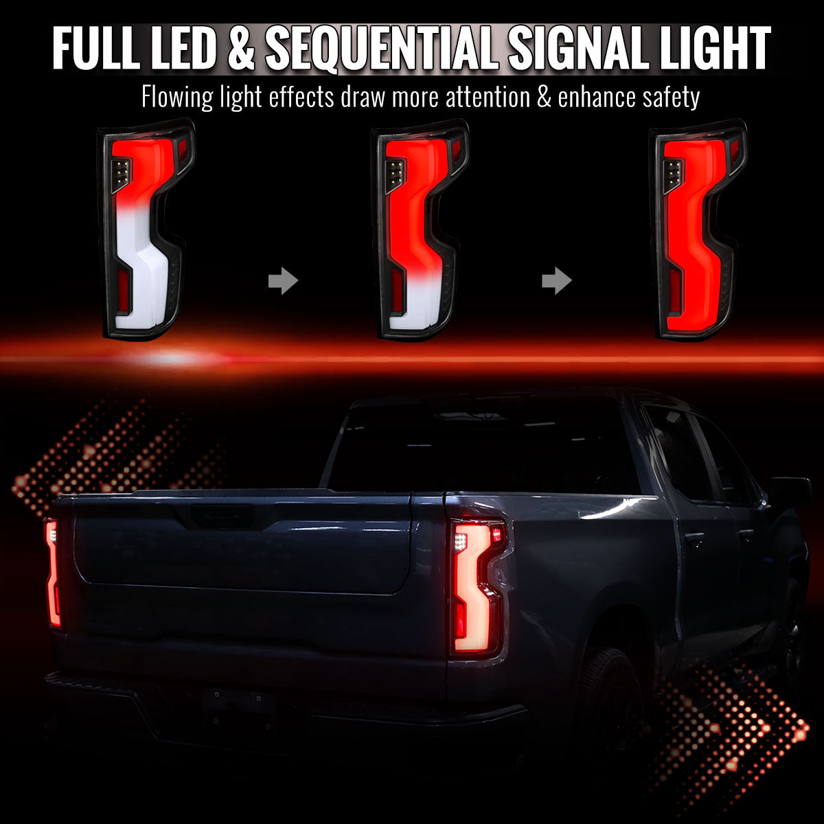 2019-2026 Chevrolet Silverado 1500 / 2020-2023 Silverado 2500HD/3500HD Full LED Switchback Sequential Tail Lights (Black Housing / Clear Lens)
