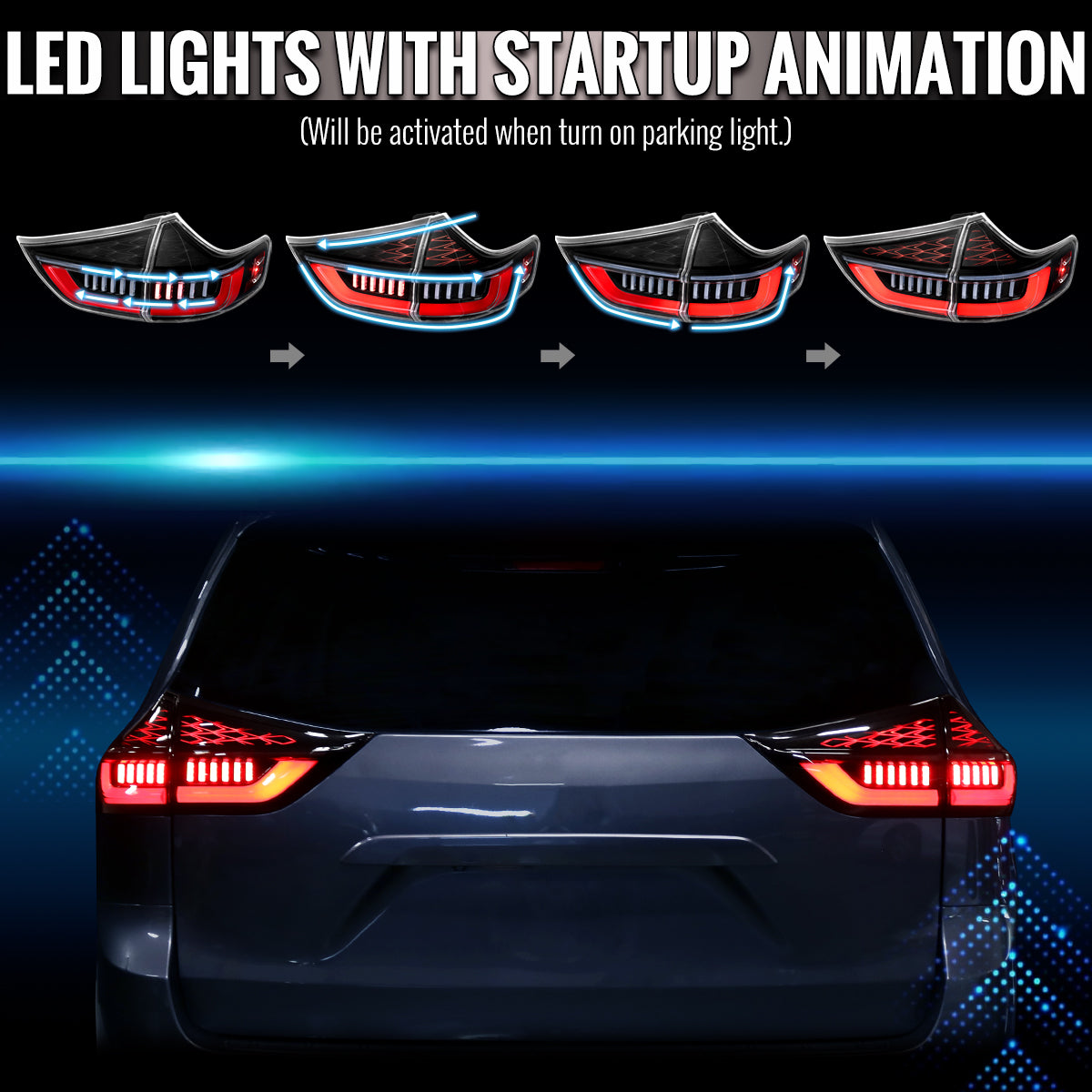 2011-2014 Toyota Sienna Full LED Tail Lights w/ Sequential Turn Signal and Startup Animation Red Lens Fiber Optic LED (Jet Black Housing / Clear Lens)