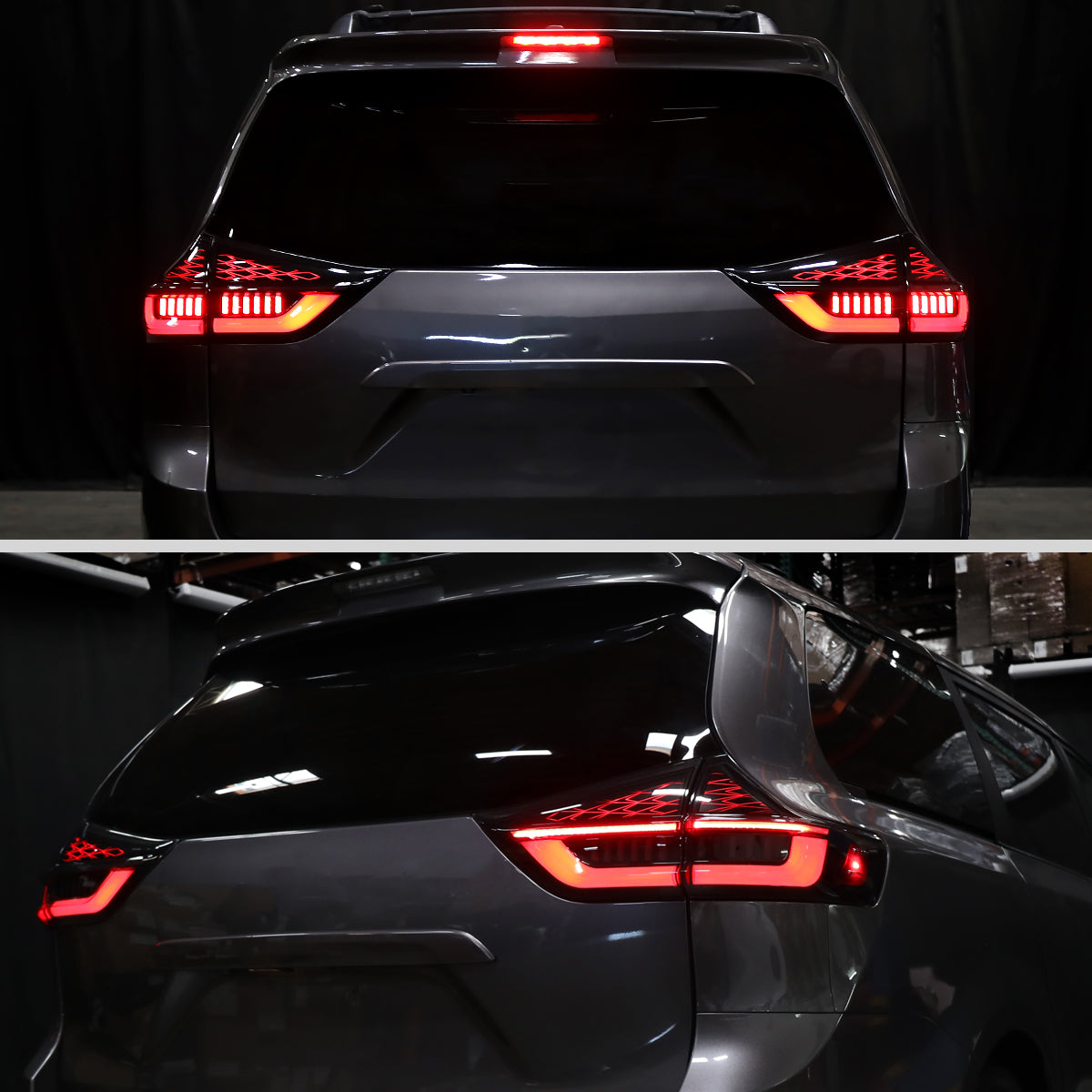 2011-2014 Toyota Sienna Full LED Tail Lights w/ Sequential Turn Signal and Startup Animation Red Lens Fiber Optic LED (Black Housing / Smoked Lens)