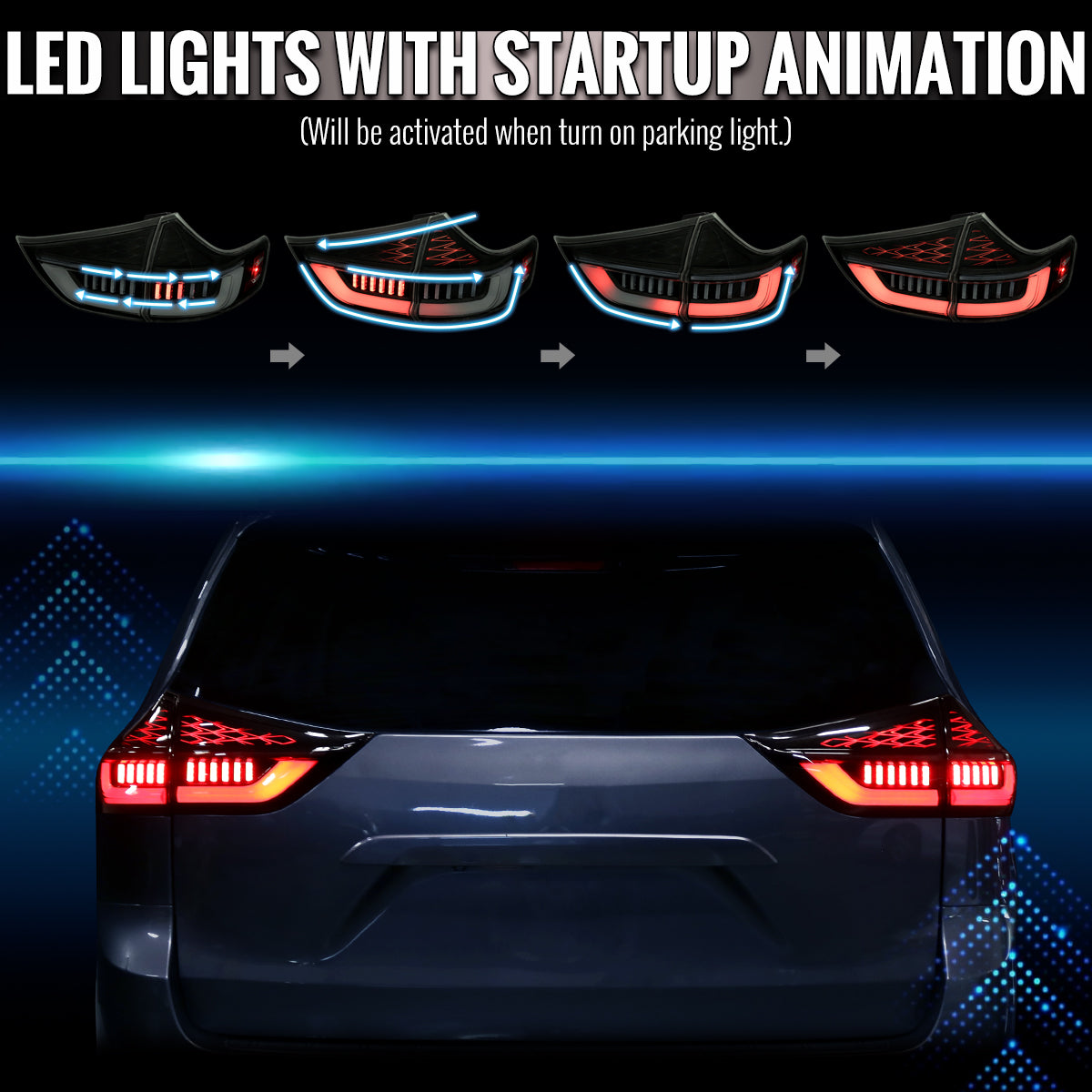 2015-2020 Toyota Sienna Full LED Tail Lights w/ Sequential Turn Signal and Startup Animation (Black Housing / Smoked Lens)