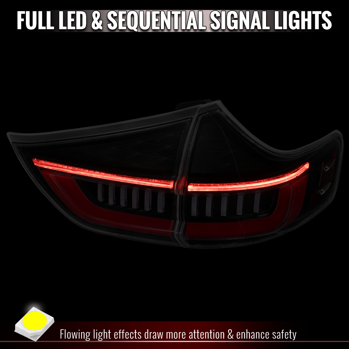 2015-2020 Toyota Sienna Full LED Tail Lights w/ Sequential Turn Signal and Startup Animation Red Lens Fiber Optic LED (Jet Black Housing / Clear Lens)