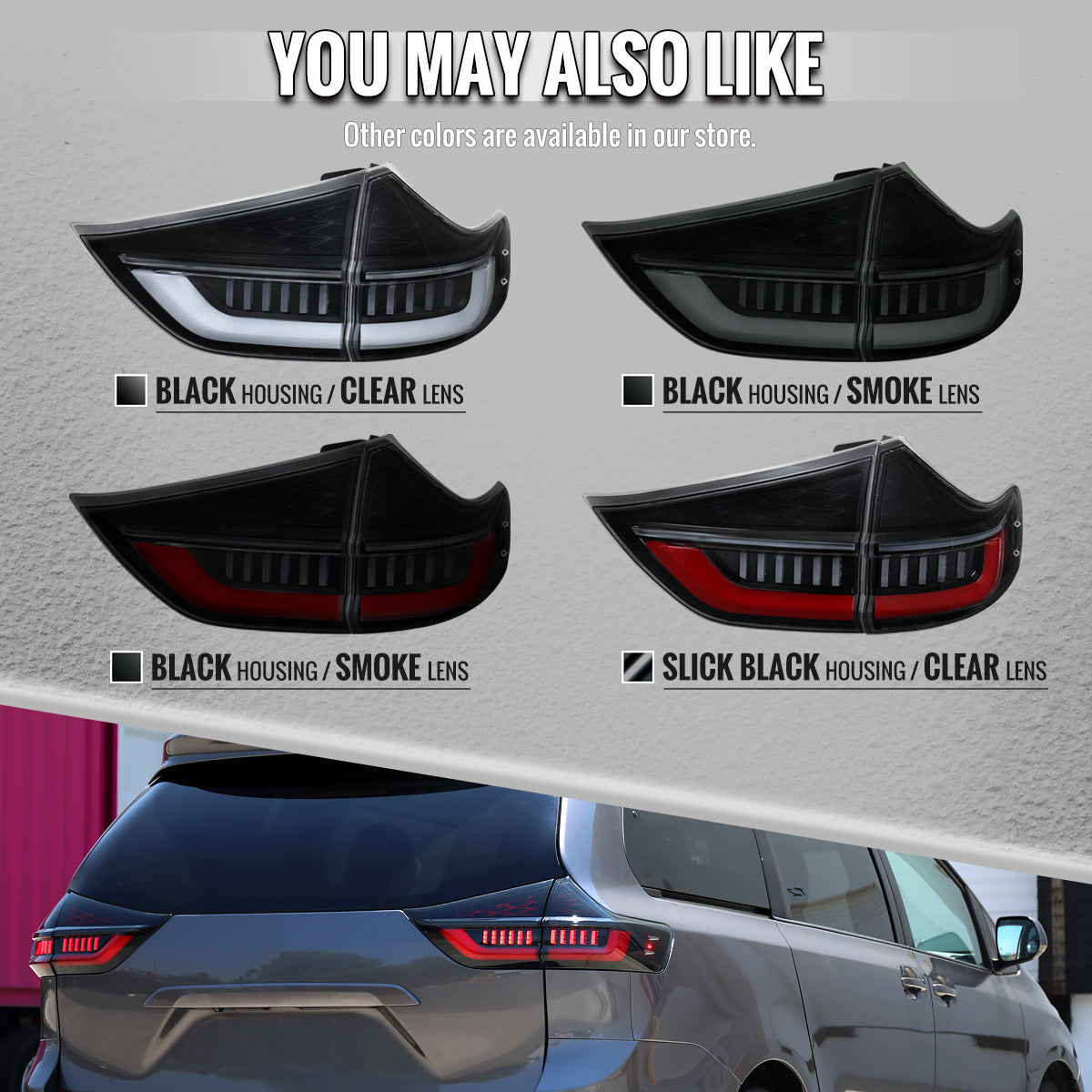 2015-2020 Toyota Sienna Full LED Tail Lights w/ Sequential Turn Signal and Startup Animation Red Lens Fiber Optic LED (Jet Black Housing / Clear Lens)